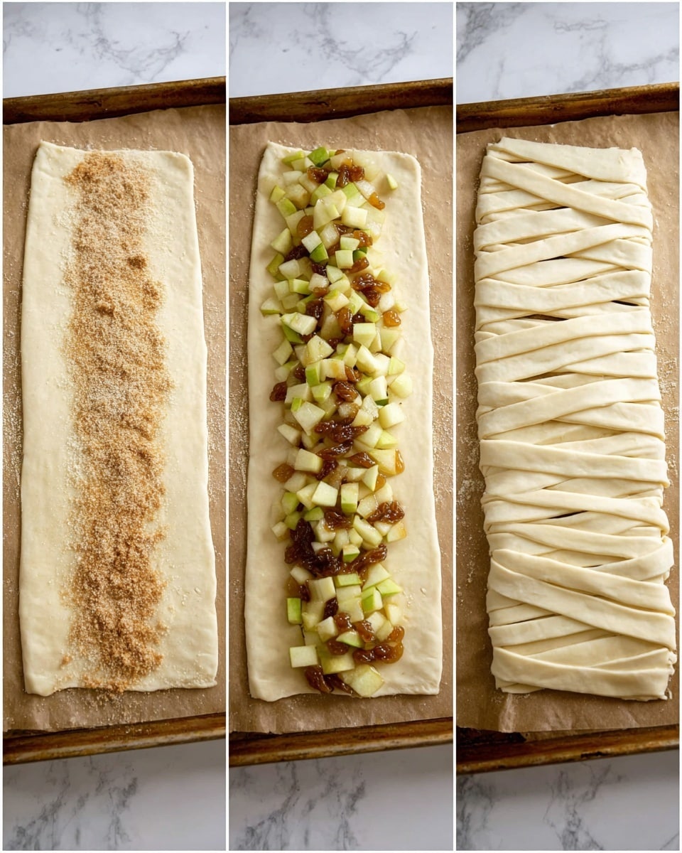 The image shows two long woven pastries on a baking tray lined with parchment paper. Each pastry is made of golden brown puff pastry strips woven over a filling of light yellow apple slices and some white cream or custard. The pastry has a shiny, crisp texture with a soft, layered interior visible where one piece is cut at the front. The woven top layer creates an open pattern that shows the fruit filling inside. The baking tray sits on a white marbled surface. Photo taken with an iphone --ar 4:5 --v 7