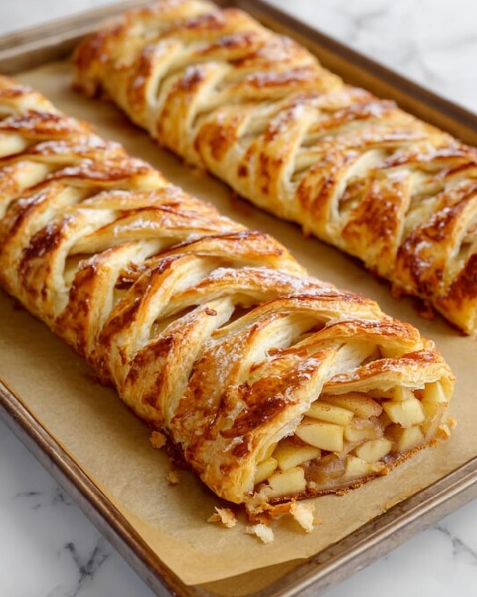 The image shows three stages of making an apple pastry on a baking tray with parchment paper, set on a white marbled surface. The first stage displays a rectangular dough sheet with long cuts on both sides and a middle strip sprinkled with brown sugar. The second stage adds a pile of diced green apples mixed with raisins and syrup placed along the sugar strip down the center of the dough. In the third stage, the dough strips from each side are folded over the apple filling in an overlapping, braided pattern, fully covering the filling, giving the pastry a layered, twisted look. Photo taken with an iphone --ar 4:5 --v 7