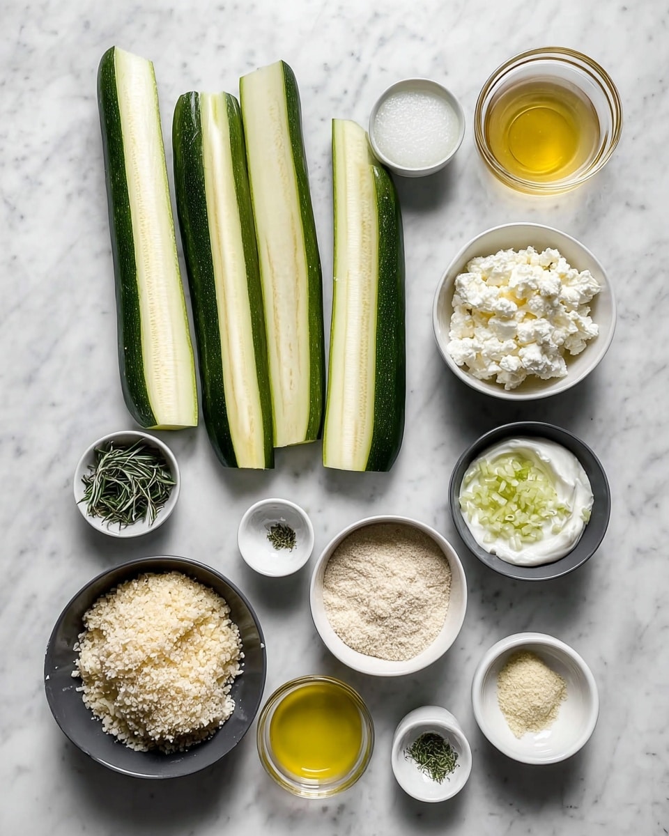 The image shows an organized arrangement of ingredients on a white marbled surface. On the left, there are three long zucchini halves placed vertically, showing their pale green flesh and dark green skin. To the right, several small white and dark gray bowls hold different ingredients: one bowl with white crumbly cheese, another with creamy white yogurt, and a small bowl with chopped garlic. Small white dishes contain green herbs, one with thin rosemary leaves and the other with finely chopped dill. Other dark gray bowls contain a beige crumb mixture, white flour, and grated parmesan cheese. Two small clear glass bowls hold liquid ingredients, one a light yellow lemon juice and the other a golden honey-like liquid. A final small bowl contains a light egg white liquid. Everything is neat and spaced evenly, showcasing fresh and dry ingredients against the clean white marbled backdrop, photo taken with an iphone --ar 4:5 --v 7