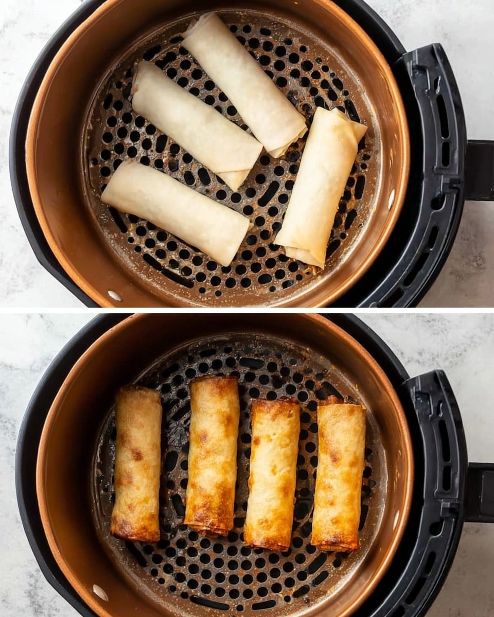 The image shows two round air fryer baskets with black edges and copper-colored interiors featuring small round holes on their bottom plates. The left basket contains four uncooked pale white spring rolls placed flat in different positions, some parallel and some at slight angles. The right basket shows the same four spring rolls now cooked to a golden brown color with slightly crispy textures on their surfaces, each spring roll evenly spaced without overlapping. Both baskets sit on a white marbled surface. photo taken with an iphone --ar 4:5 --v 7
