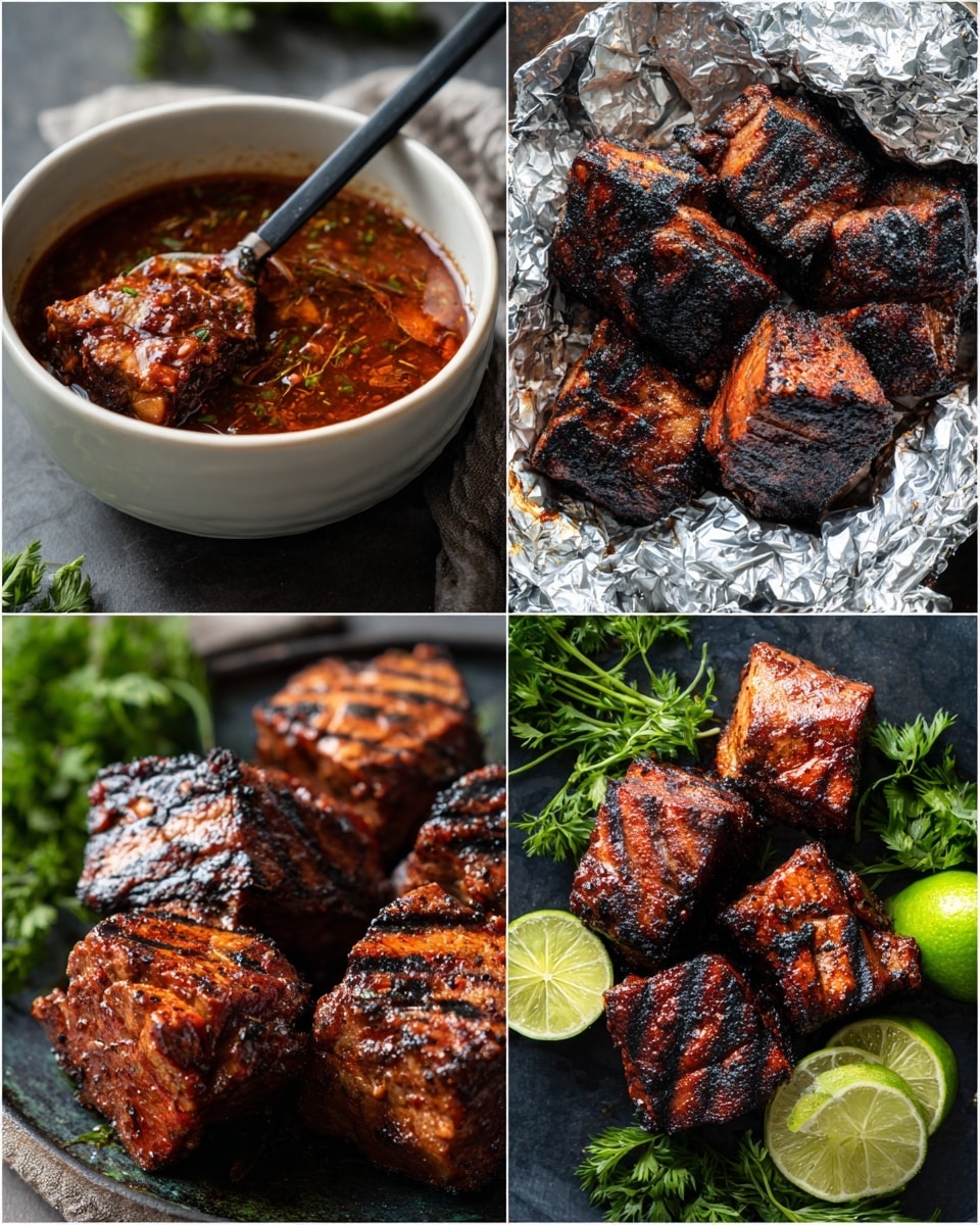 The image shows four close-up photos arranged in a grid, each displaying different stages of making grilled chicken thighs. The first photo has a white bowl with a dark reddish marinade sauce with visible spices and a black spoon. The second photo shows raw chicken thighs coated with the marinade on top of silver foil. The third photo displays the chicken thighs cooked with a dark charred crust, resting on the silver foil. The final photo presents the grilled chicken thighs with a shiny, slightly blackened surface on a dark plate, garnished with lime wedges and green herbs, all placed on a white marbled surface. Photo taken with an iphone --ar 4:5 --v 7