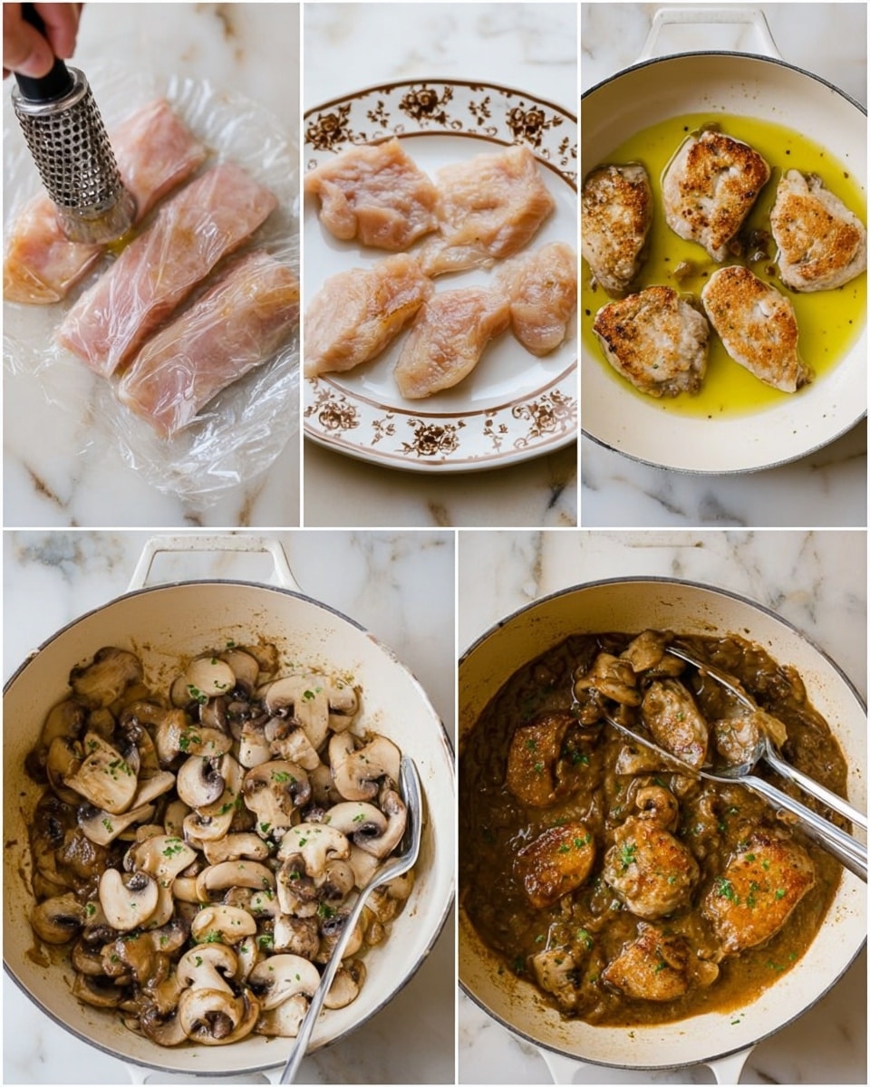 The six images show different cooking steps of a dish on a white marbled surface. The first image shows raw thin meat fillets being pounded flat with a rusty metal meat tenderizer held by a woman's hand, both resting on clear plastic wrap. The second image captures three raw meat pieces frying gently in golden yellow oil in a white pan. The third image displays cooked meat pieces, pale golden with browned spots, arranged on a white plate with brown floral patterns. The fourth image focuses on sliced mushrooms cooking and browning in a white pan. The fifth image shows the cooked meat pieces being added to a light brown mushroom sauce in a white pot, with a metal spoon and tongs partially visible. The final image reveals the completed dish in the white pot, with golden-tan meat pieces covered in rich brown mushroom sauce, garnished with small bits of green herbs, ready to serve. photo taken with an iphone --ar 4:5 --v 7