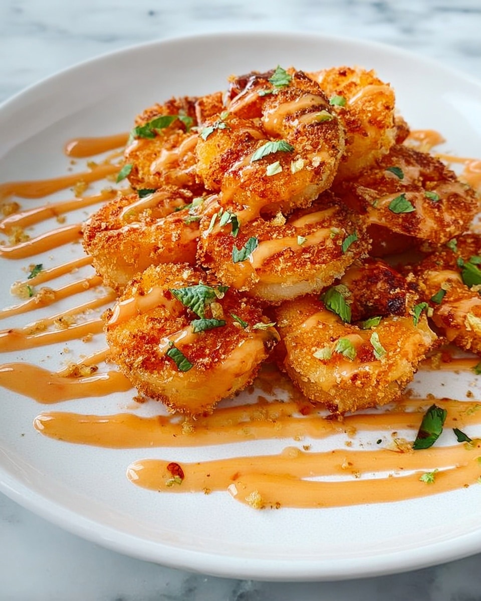 The image shows a white plate filled with several pieces of crispy breaded shrimp, piled in the center. Each shrimp is coated with a golden-brown crumb layer, giving a crunchy look. On top of the shrimp, a creamy light orange sauce is drizzled in thin lines, slightly dripping onto the white plate. Small green herb pieces are sprinkled over the shrimp, adding a fresh color contrast. The plate sits on a white marbled surface with the sauce creating soft swirls around the shrimp. Photo taken with an iphone --ar 4:5 --v 7