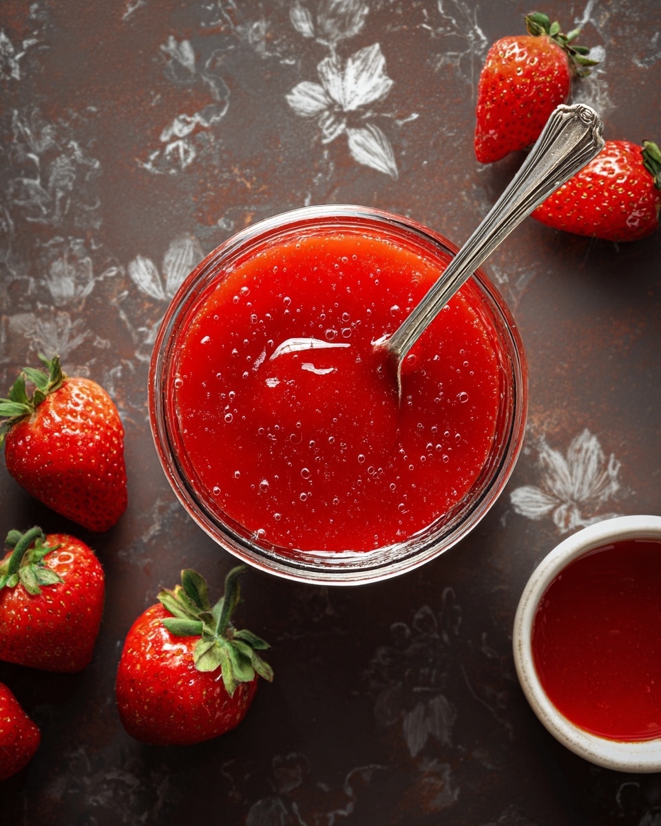 In the image, there is one main clear glass bowl filled with bright red strawberry sauce that has a smooth, glossy texture with small bubbles. A silver spoon is placed inside this bowl, resting diagonally. Around the bowl, there are five fresh whole strawberries with bright red color and green leaves, lying on a dark brown surface with light floral patterns. In the bottom right corner, a small white bowl with more red sauce is partly visible. The whole scene is set on a white marbled texture. photo taken with an iphone --ar 4:5 --v 7