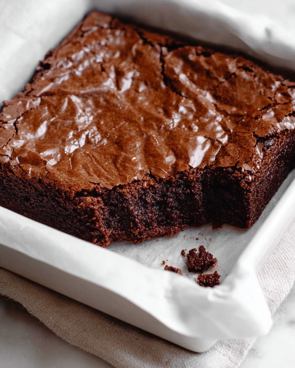 A close-up photo of a square chocolate brownie with a shiny, cracked top layer and a dense, dark brown inside layer. It sits in a white baking dish lined with white parchment paper that folds over its edges. The brownie has a bite taken out from one corner, showing the moist, rich texture inside. There are some small crumbs near the bitten area. The dish is placed on a light cloth on top of a white marbled surface. Photo taken with an iphone --ar 4:5 --v 7