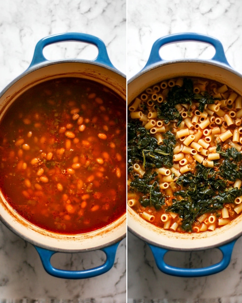 The image shows two views of a blue pot on a white marbled surface. The left side shows the pot filled with a reddish-brown soup with small visible beans floating throughout. The right side shows the same pot with small pasta tubes mixed in and dark green leafy vegetables sitting on top of the pasta in the reddish broth. Both images focus on the inside of the pot with no other objects around. photo taken with an iphone --ar 4:5 --v 7