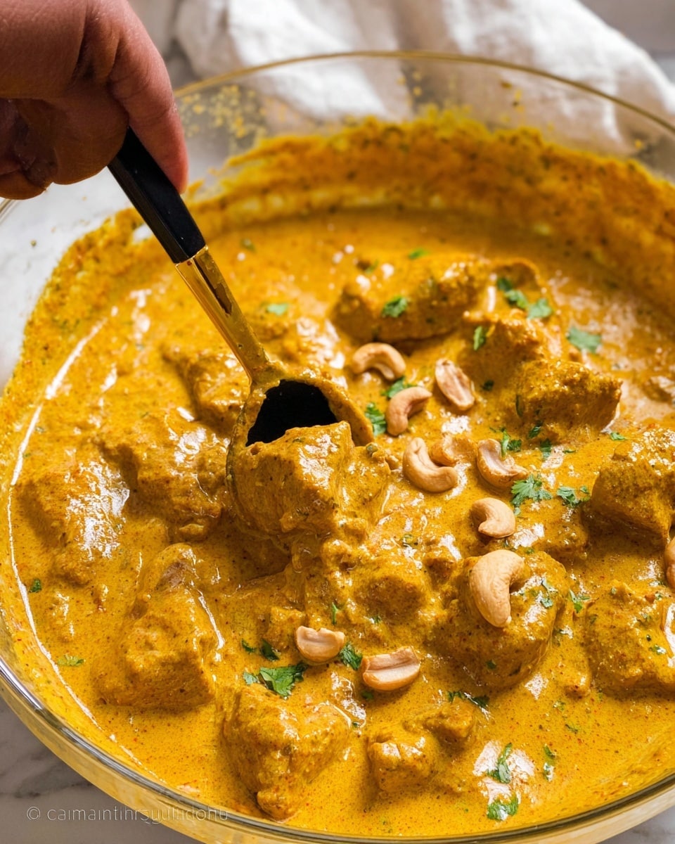 The image shows a white bowl filled with pale pink pieces of boneless chicken placed on a white marbled surface. Around the bowl are small white bowls and containers containing different ingredients: whole spices with dried green leaves and seeds, bright yellow turmeric powder, deep red chili powder, smooth red tomato puree, creamy white yogurt, and pale cream-colored cream. There is also a small bowl of melted golden ghee, a metal scoop filled with light tan cashew nuts, a jar of light brown ginger-garlic paste, two whole dark red onions, and a small bowl of white salt. The arrangement is neat and all items are clearly visible, with the white marbled surface giving a clean, bright look. Photo taken with an iphone --ar 4:5 --v 7