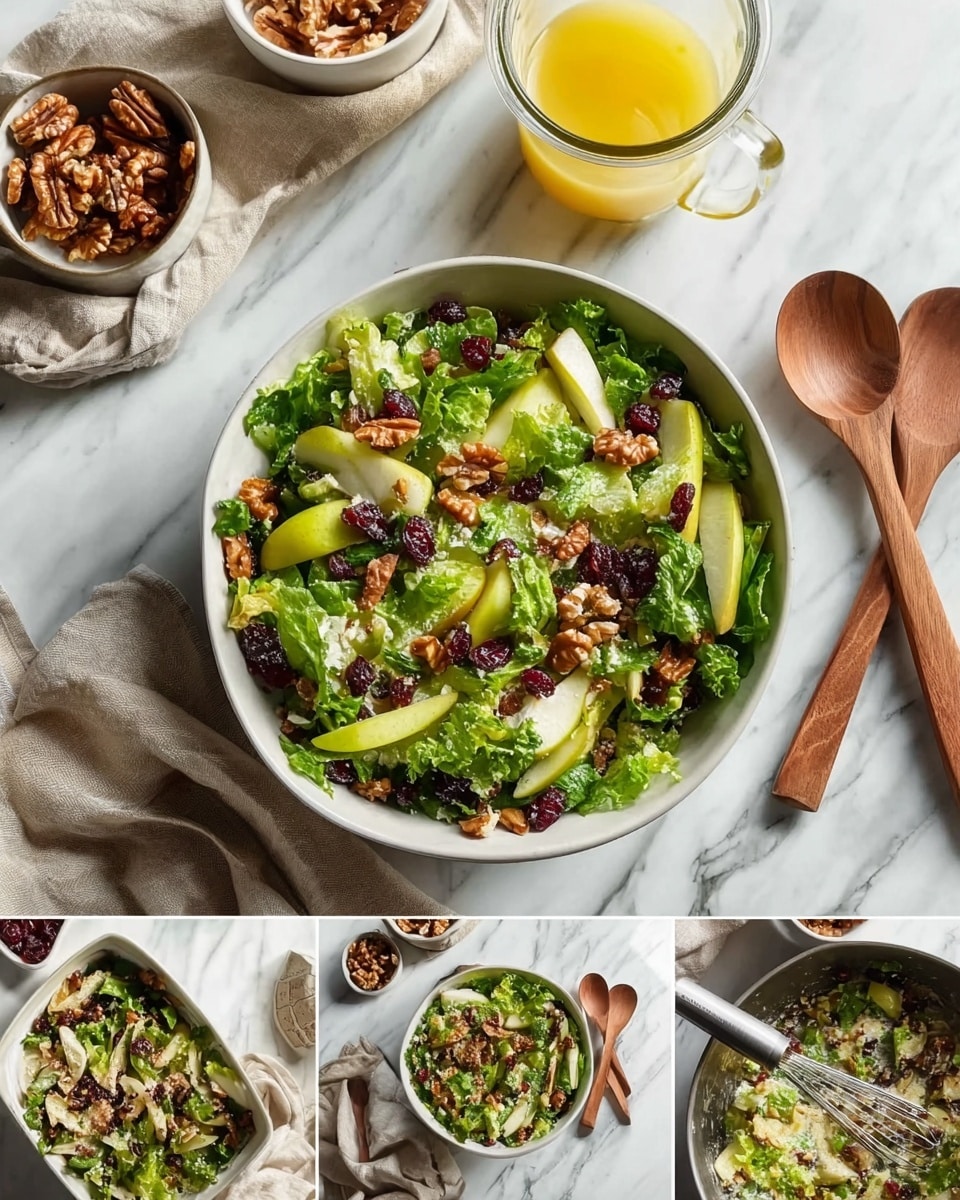 A white bowl filled with a fresh green salad sits on a white marbled surface, with layers including green romaine lettuce, bright green slices of pear, dark red dried cranberries, and brown walnuts scattered on top. The salad has a mix of textures with crunchy nuts and soft fruit. Around the bowl, there are wooden spoon and fork sets on a light beige cloth. Nearby images show a glass bowl of yellow vinaigrette with a whisk, a small frying pan with toasted walnuts, and other bowls of salad with different cheeses and dressings, all placed on the same white marbled surface. Photo taken with an iphone --ar 4:5 --v 7