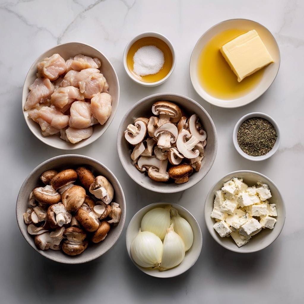 The image shows a white bowl filled with creamy mushroom soup that has a pale beige color with visible slices of brown mushrooms and small green herb leaves scattered on top. The soup appears thick and textured with bits of onion or similar ingredients mixed in. The bowl is placed on a white marbled surface surrounded by torn pieces of light brown crusty bread and a few sprigs of fresh green herbs, along with a clear glass filled with light golden liquid in the top right corner. A second bowl of the same soup is partly visible in the upper left background. Photo taken with an iphone --ar 4:5 --v 7
