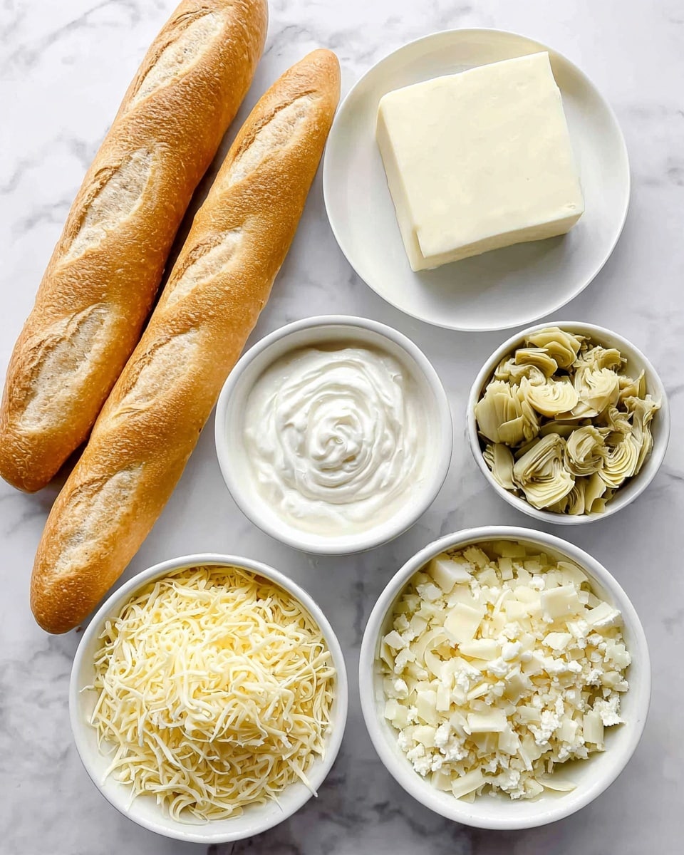 The image shows six food items arranged on a white marbled surface. Two long, golden brown baguettes lay on the left side. Next to them is a white plate holding a large square piece of white cheese. A white bowl filled with shredded light yellow cheese is at the bottom left, while another white bowl with shredded cheese in a slightly different shape and color sits to the right of it. Above these bowls, there is a white bowl containing chopped artichoke hearts in pale green and beige tones. Next to that bowl is a small white bowl filled with finely chopped pieces of garlic. Above and slightly to the left is a white bowl filled with smooth, thick white sour cream or yogurt, topped with a small smooth swirl. Photo taken with an iphone --ar 4:5 --v 7