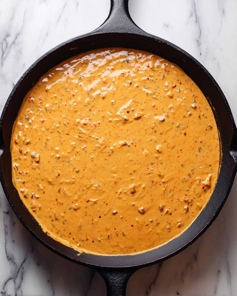 The image shows a single thick layer of creamy, orange sauce filled with small chunks and flecks of herbs and spices. The sauce has a smooth but slightly textured surface and is spread evenly in a large black cast iron skillet. The skillet sits on a white marbled surface with some light reflections visible on the sauce surface. Photo taken with an iphone --ar 4:5 --v 7