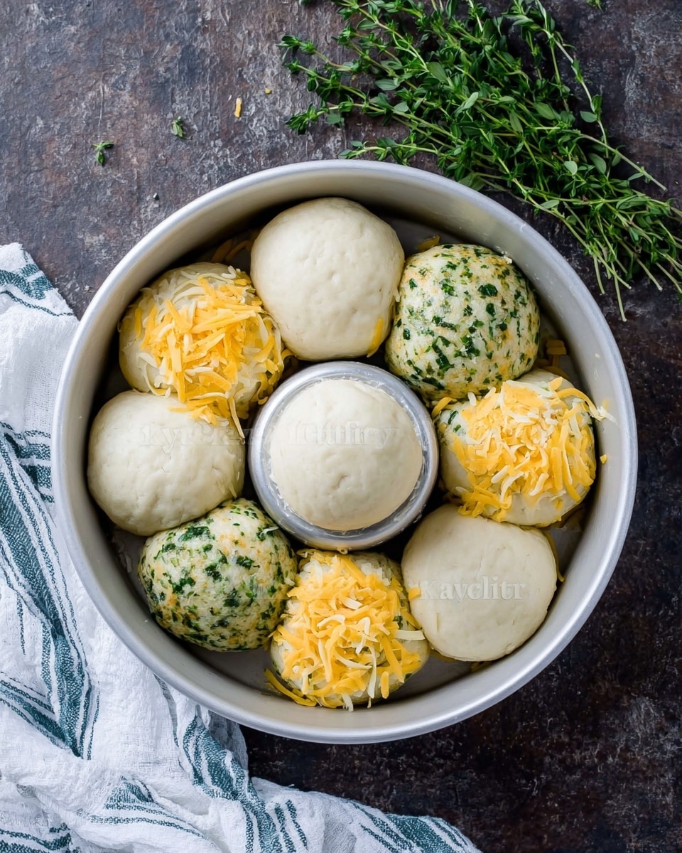 A round ring of soft bread rolls with a golden brown and light cream crust, topped with scattered green herbs, arranged on a white plate. A bright red candle is placed in the center of the ring. A woman's hand is breaking open one bread roll, showing a warm, melted yellow cheese filling inside the soft white bread. In the background, a white bowl with red cherries adds a bright pop of color. The whole scene is set on a white marbled surface. Photo taken with an iphone --ar 4:5 --v 7