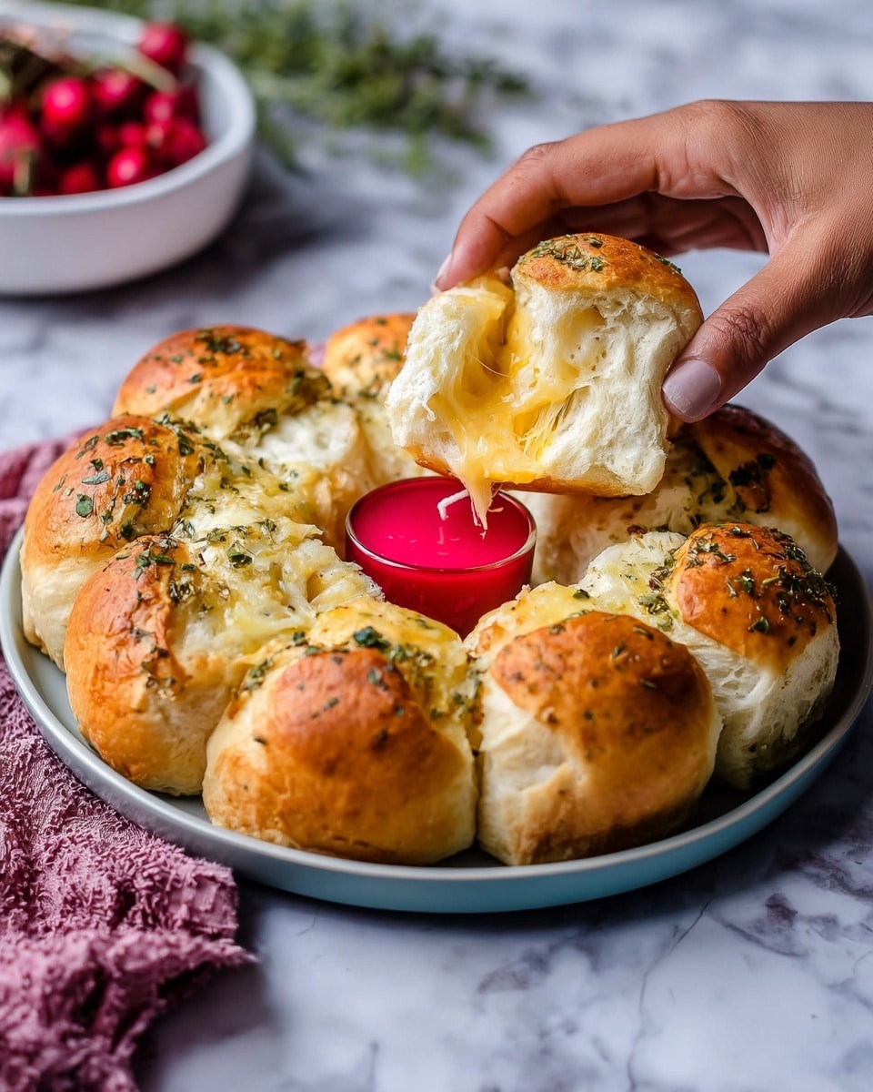 The image shows a round white baking pan with a central tube, filled with eight dough balls arranged in a circle. Three dough balls are plain and smooth with a white color, three are covered with shredded yellow cheese giving a textured yellow layer, and two dough balls are topped with chopped green herbs, creating a rough green speckled texture. The pan sits on a dark textured surface with a sprig of green herbs in the upper left corner and a white and blue striped cloth partially visible at the bottom left. The dough balls have a soft, slightly shiny texture. Photo taken with an iphone --ar 4:5 --v 7