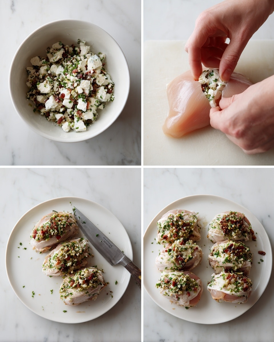 The first image shows a white bowl filled with a mixture of small white cheese pieces, green herbs, and dark red chopped bits on a white marbled surface. The second image shows a woman's hand holding a pale pink piece of raw chicken, folding it around the same mixture seen in the bowl, with a knife nearby on the white marbled surface. The third image shows the chicken piece fully wrapped around the filling, sitting on the white marbled surface next to the knife. The fourth image shows five pieces of raw chicken, each stuffed and topped with a green herb sauce, arranged on a white plate on the white marbled surface. photo taken with an iphone --ar 4:5 --v 7