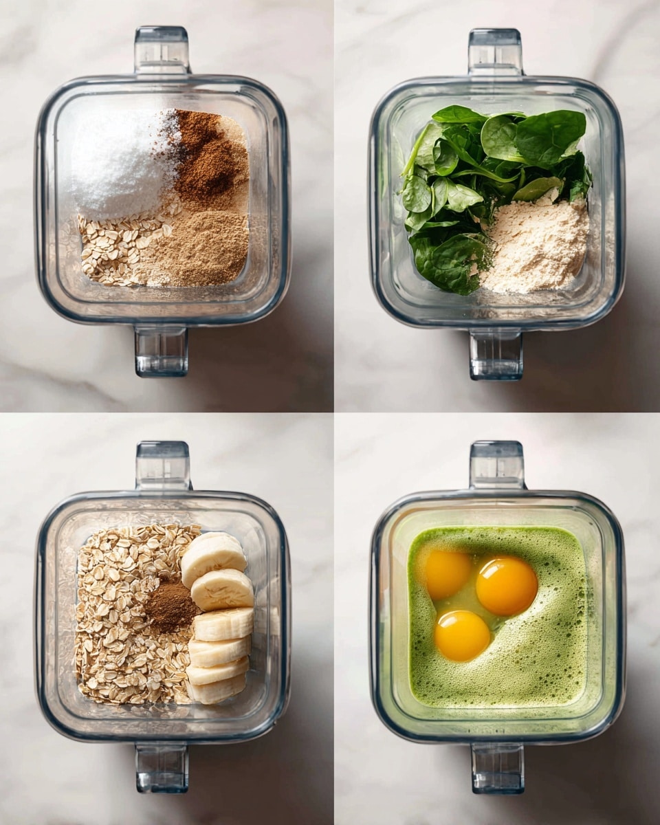 The image shows four close-up shots inside a blender on a white marbled surface. In the first shot, the blender contains three layers: light brown rolled oats at the bottom, a small pile of white baking soda or powder, and a sprinkle of brown cinnamon on top. The second shot shows these ingredients blended into a fine, light tan powder filling the blender. The third shot adds a few layers: green spinach leaves on top, some light beige mashed banana below the spinach, and two bright yellow egg yolks visible underneath everything. The last shot shows the blender half-filled with the same light tan oat powder on one side, and the other half filled with a green smoothie layer made from the spinach, egg, and banana mixture, creating a diagonal split. photo taken with an iphone --ar 4:5 --v 7