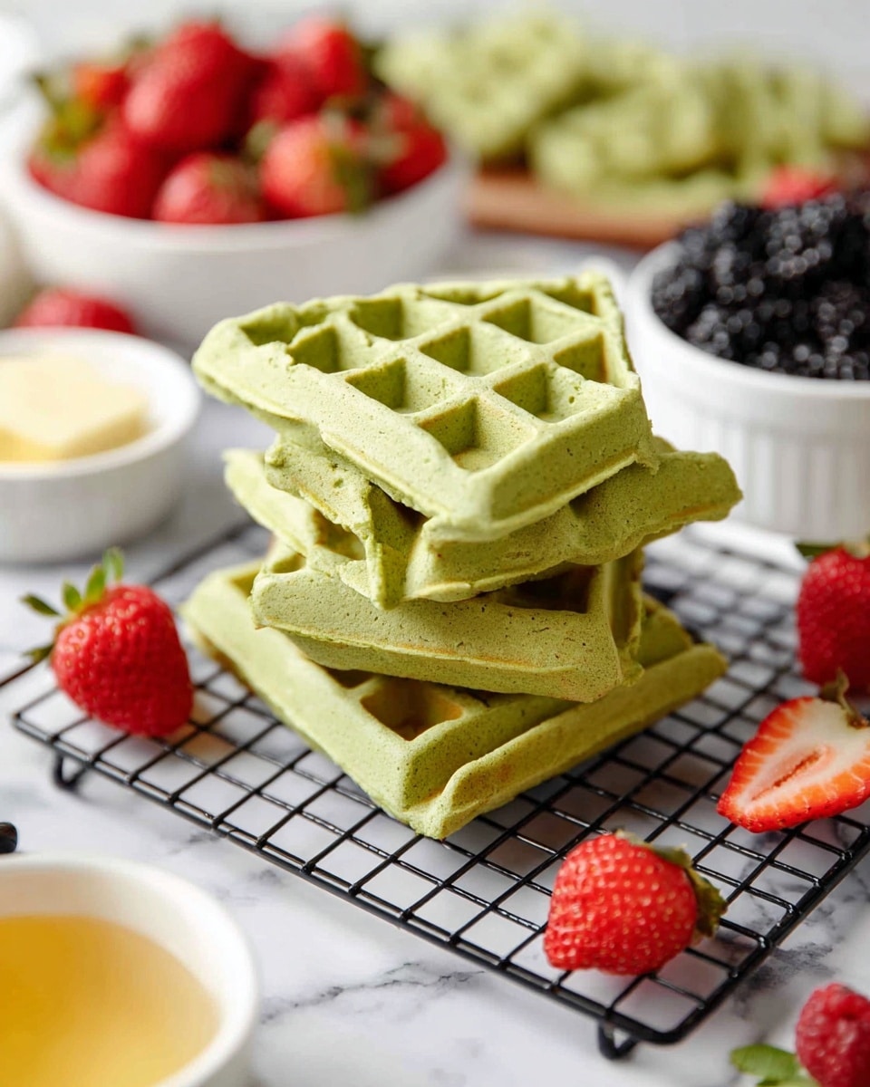 The image shows a stack of four green waffles with a light, airy texture on a black wire cooling rack placed on a white marbled surface. The waffles have square indentations and are arranged slightly tilted. Around the stack, there are fresh red strawberries, some whole and one sliced in half, as well as a white bowl filled with blackberries on the right side. In the background, there is a white bowl filled with strawberries and another bowl with a yellow substance, possibly butter or syrup, partially visible on the left side. The scene is bright and colorful, with a fresh and inviting look, photo taken with an iphone --ar 4:5 --v 7