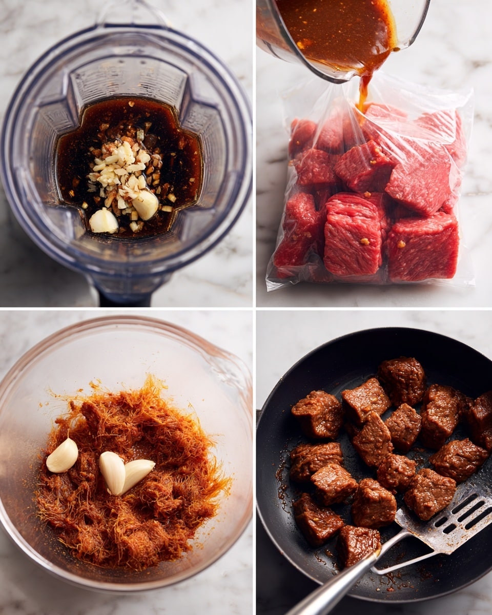 The first image shows a close-up top view inside a blender jar with dark sauce, cloves of garlic, and a piece of ginger resting at the bottom. The second image shows cubed raw red meat in a transparent plastic bag with brown sauce being poured over them. The third image shows thinly spread marinated meat with an orange color on a white marbled surface. The fourth image shows cooked chunks of meat with a browned, slightly crispy texture in a black pan, with a metal spatula resting inside. Photo taken with an iphone --ar 4:5 --v 7
