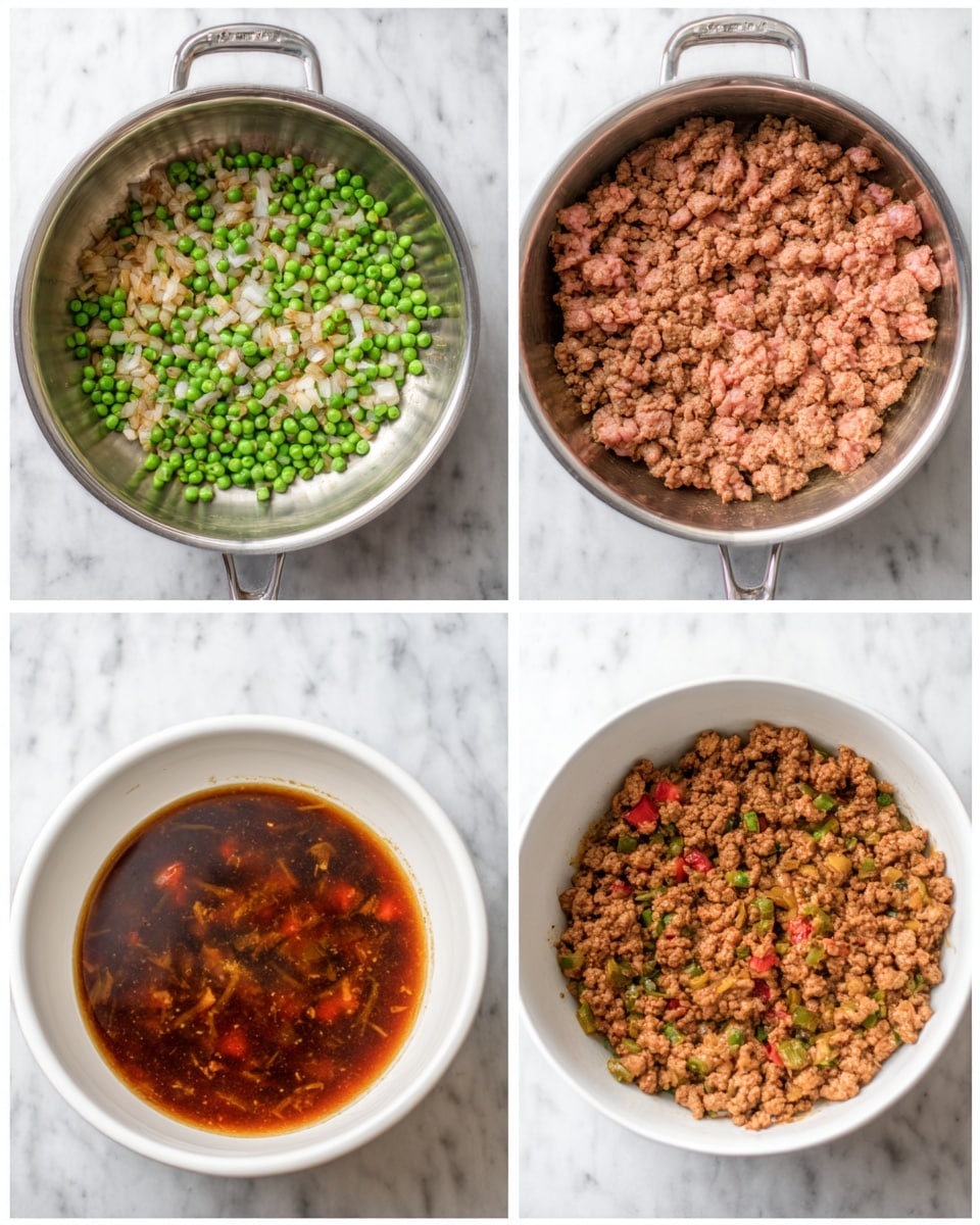 The first image shows a metal pan filled with three layers: the bottom layer is small light green peas, the middle layer is white onions, and the top layer is raw pink ground meat scattered evenly. The second image shows the same pan with the meat cooked to a brown color, mixed with the onions and peas, creating a textured and slightly crumbly look. The third image shows a white bowl with a dark brown sauce covering the bottom, with some red pieces floating in the sauce. The fourth image shows the same white bowl filled with the cooked meat mixture on top of the brown sauce, mixing colors of brown, white, and green with bits of red. The background is a white marbled surface, and a woman's hand is visible holding the pan handle in each pan image. photo taken with an iphone --ar 4:5 --v 7