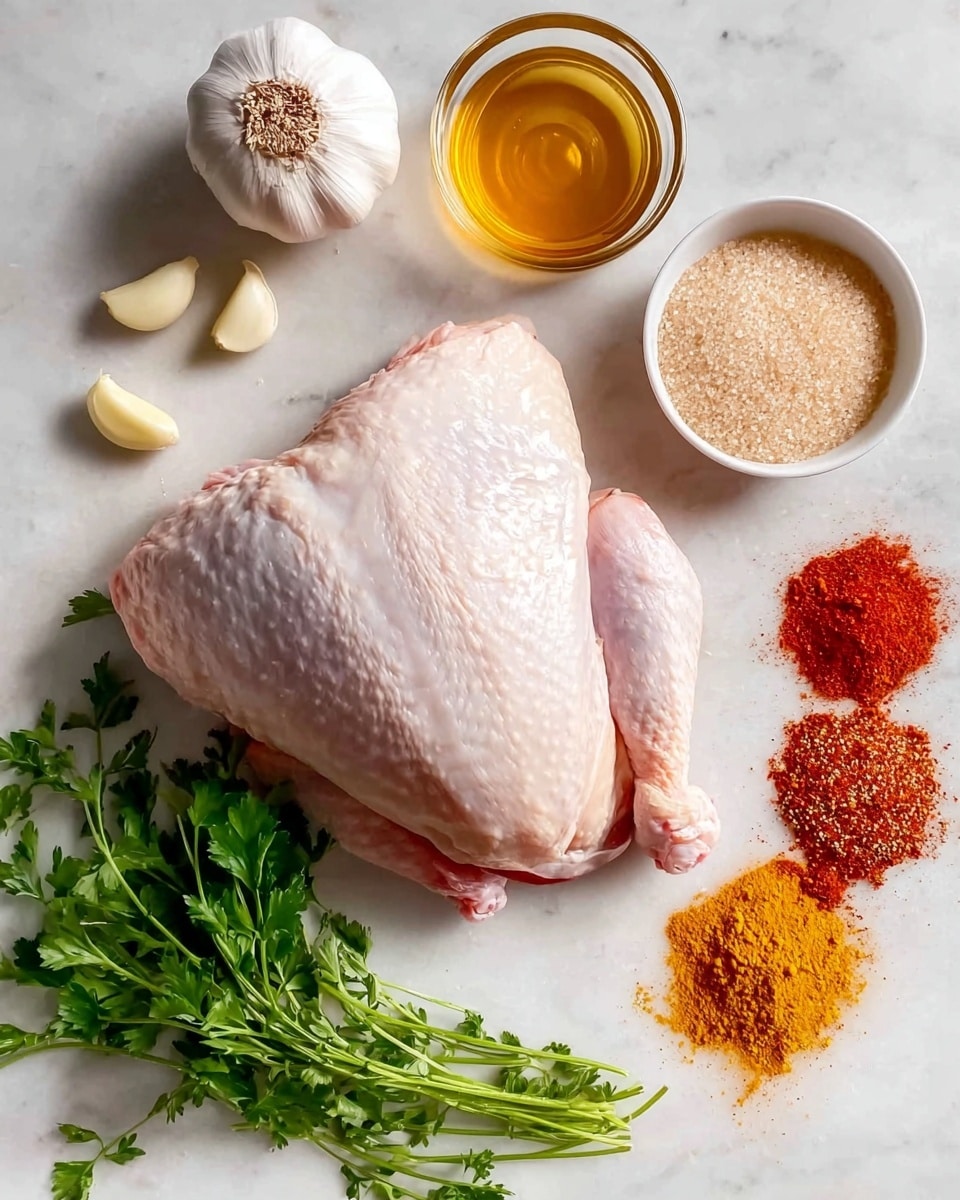 The image shows a large piece of raw chicken leg with skin in the center on a white marbled surface. Around the chicken, there is a whole garlic bulb at the top left, three peeled garlic cloves below it, and a bunch of fresh green parsley at the bottom left. At the top right, there is a small glass bowl of golden honey and next to it, a white bowl filled with light brown granulated sugar. Around the chicken on the right side, there are three small piles of spices: a bright red spice at the top, a yellow-orange spice in the middle, and a darker red spice at the bottom. photo taken with an iphone --ar 4:5 --v 7