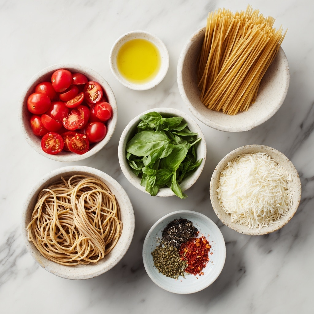 A close-up of two white speckled bowls filled with spaghetti pasta mixed with small red tomato pieces and green herbs. The pasta looks soft and glossy, piled into loose nests in the center of each bowl. A woman's hand is holding a wooden spoon above the front bowl, sprinkling a fine light yellow powder over the pasta. The bowls sit on a white marbled surface with a gray and white striped cloth underneath. The background is softly blurred with natural light. photo taken with an iphone --ar 4:5 --v 7