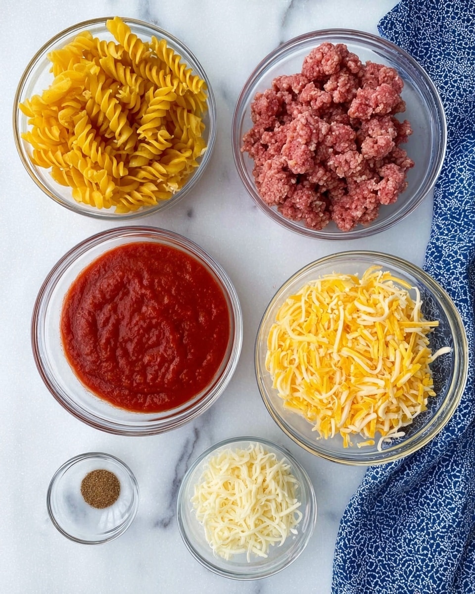 The image shows six clear round glass bowls arranged on a white marbled surface. From the top left, one bowl contains uncooked yellow spiral pasta with a smooth and slightly shiny texture. To the right of it, another bowl holds raw ground meat, pink and slightly coarse. Below the pasta bowl, there is a bowl filled with bright red tomato sauce, smooth and thick. To the right of the tomato sauce, a bowl has shredded cheese in light yellow color, soft and fluffy. Below these, there is a small empty glass bowl and next to it, a tiny bowl filled with brown spice powder. In the top right corner, a blue and white patterned cloth is partially visible. Photo taken with an iphone --ar 4:5 --v 7