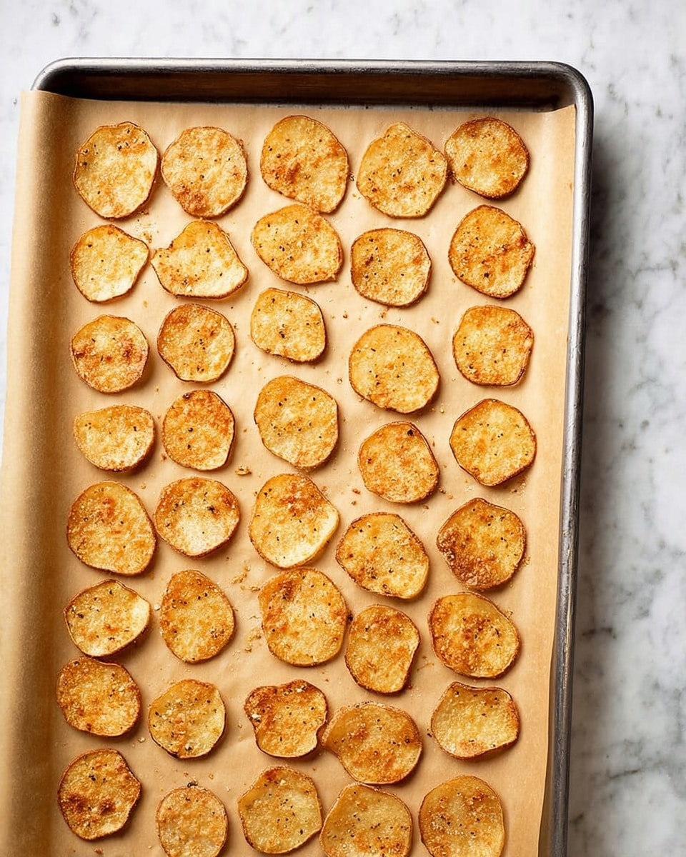 A metal baking tray lined with light brown parchment paper holds about thirty thin, round, golden-brown baked slices arranged in neat rows with small spaces between them. The slices have a slightly crispy texture with uneven edges, some showing darker toasted spots and light seasoning speckles. The tray is placed on a white marbled surface, providing a clean and subtle contrast to the warm tones of the baked slices. photo taken with an iphone --ar 4:5 --v 7