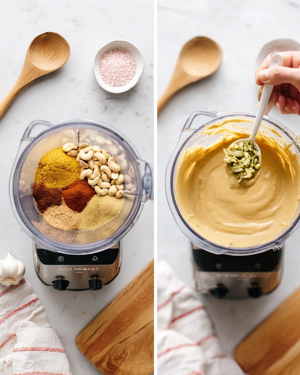 The image is split into two parts. On the left side, there is a clear blender container filled with various dry and whole ingredients arranged in separate sections, including a white clove of garlic, light brown cashews, different fine powders in yellow, reddish-brown, and pinkish hues. A woman's hand is holding a small white bowl with chopped green pieces, ready to add them to the blender. On the white marbled surface around the blender, there are two wooden spoons, one with pink salt and another empty. On the right side, the blender container is shown after blending, filled with smooth, creamy sauce with a light tan color and a slightly thick texture. The blade base and a wooden spoon rest on the white marbled surface near the blender, with a white cloth that has a red stripe partially visible. Photo taken with an iphone --ar 4:5 --v 7