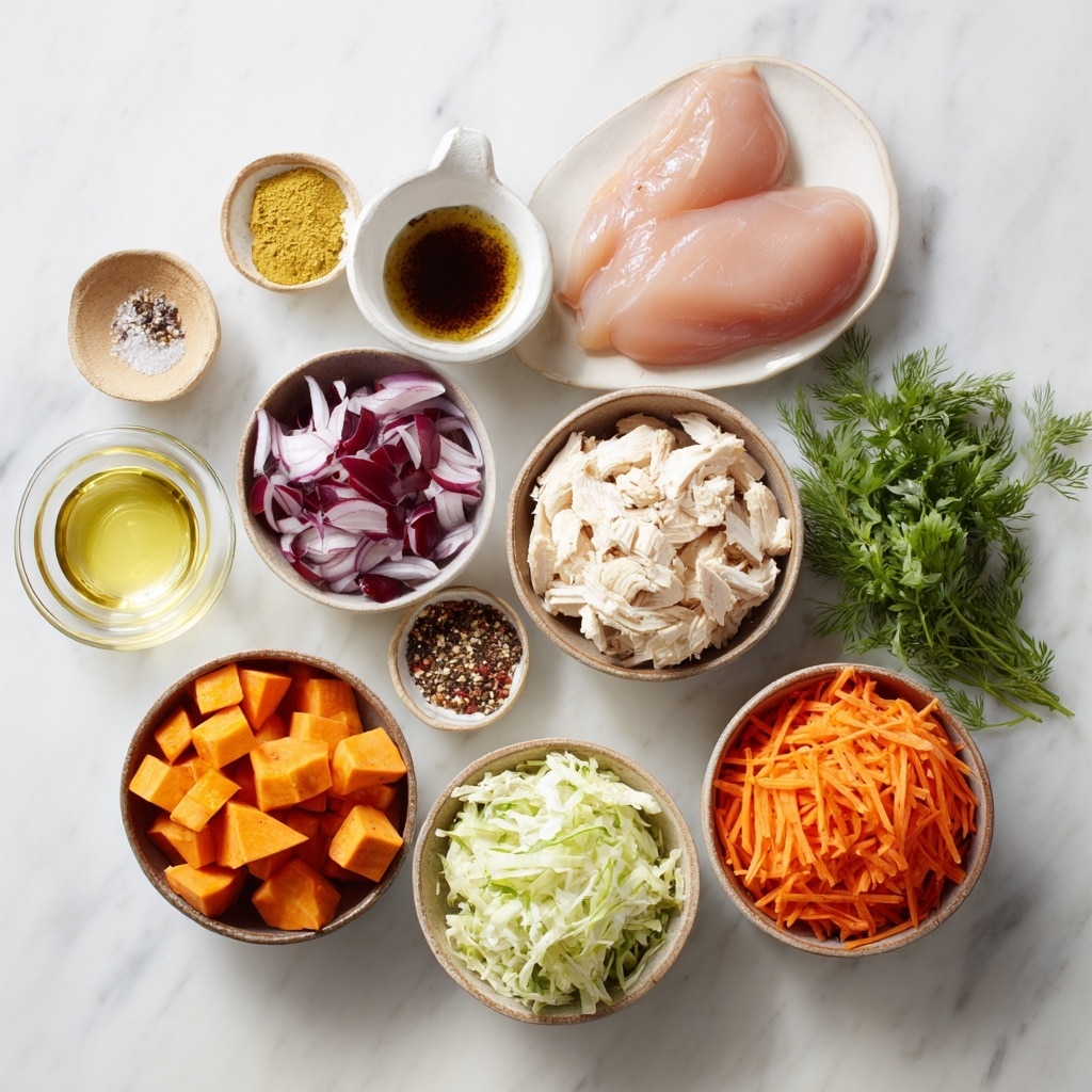 The dish is served in a white bowl on a white marbled surface, showing three main sections. The largest section has shredded chicken in a rich orange sauce with some red sauce dots and green herbs sprinkled on top. Next to it is a colorful coleslaw made of white, purple, and orange cabbage and carrot strips, also sprinkled with green herbs. Between these two sections, there are two thin cucumber slices placed side by side with a small herb garnish. The third section contains small orange-brown roasted vegetable cubes with some red sauce and green herbs on them. A fork rests at the edge of the bowl. Photo taken with an iphone --ar 4:5 --v 7
