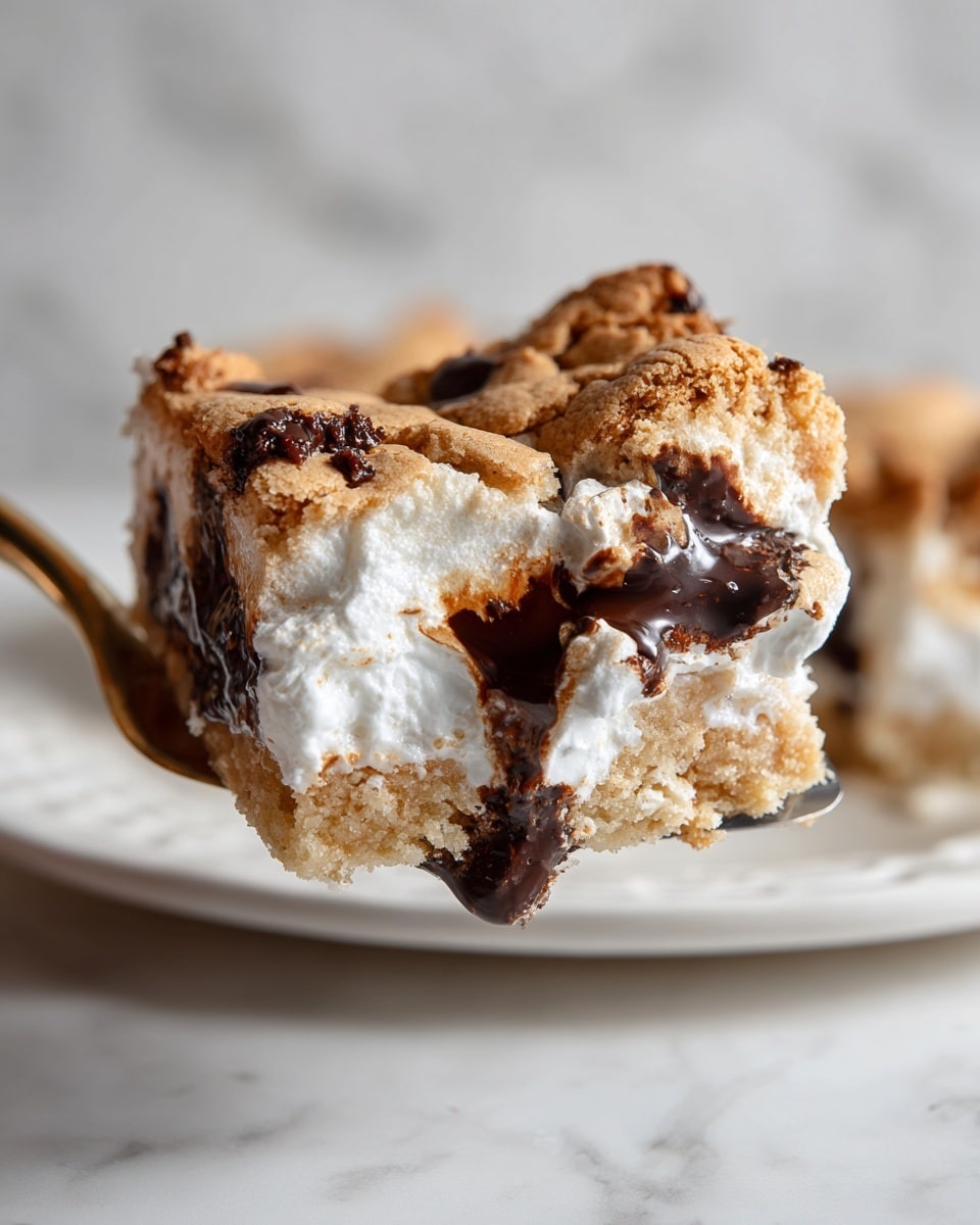 The image shows a close-up of a spatula holding up a square piece of a layered dessert. The dessert has a top layer that is light brown with a cracked, cookie-like texture that looks slightly crispy. Beneath that, there is a white, fluffy marshmallow layer that is visible through some breaks in the top layer. Under the marshmallow, melted chocolate can be seen in dark, smooth patches. The dessert is shown against a white marbled surface with a white plate underneath. The overall colors include light brown, white, and dark chocolate brown. Photo taken with an iphone --ar 4:5 --v 7