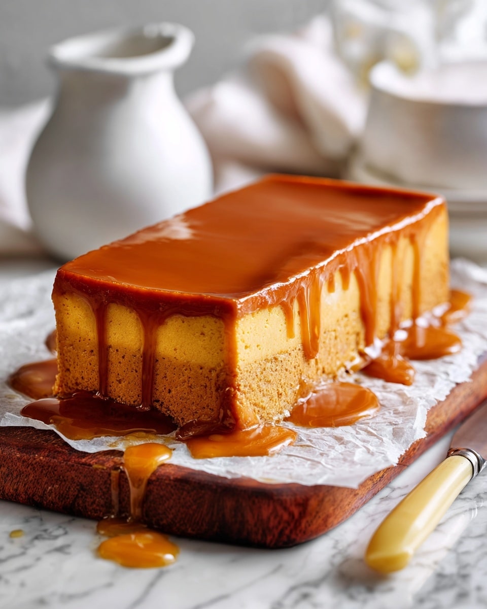 A rectangular dessert with a thick golden-brown crust forming the base and the edges, topped with a smooth, glossy caramel-colored layer that looks soft and slightly sticky, with some caramel sauce dripping down from the edges onto a wooden board beneath the dessert. The dessert is placed on a piece of parchment paper. Nearby, a knife with a light yellowish handle rests on the surface, which has a white marbled texture, and a white ceramic pitcher and a white cloth are visible in the blurred background. Photo taken with an iphone --ar 4:5 --v 7