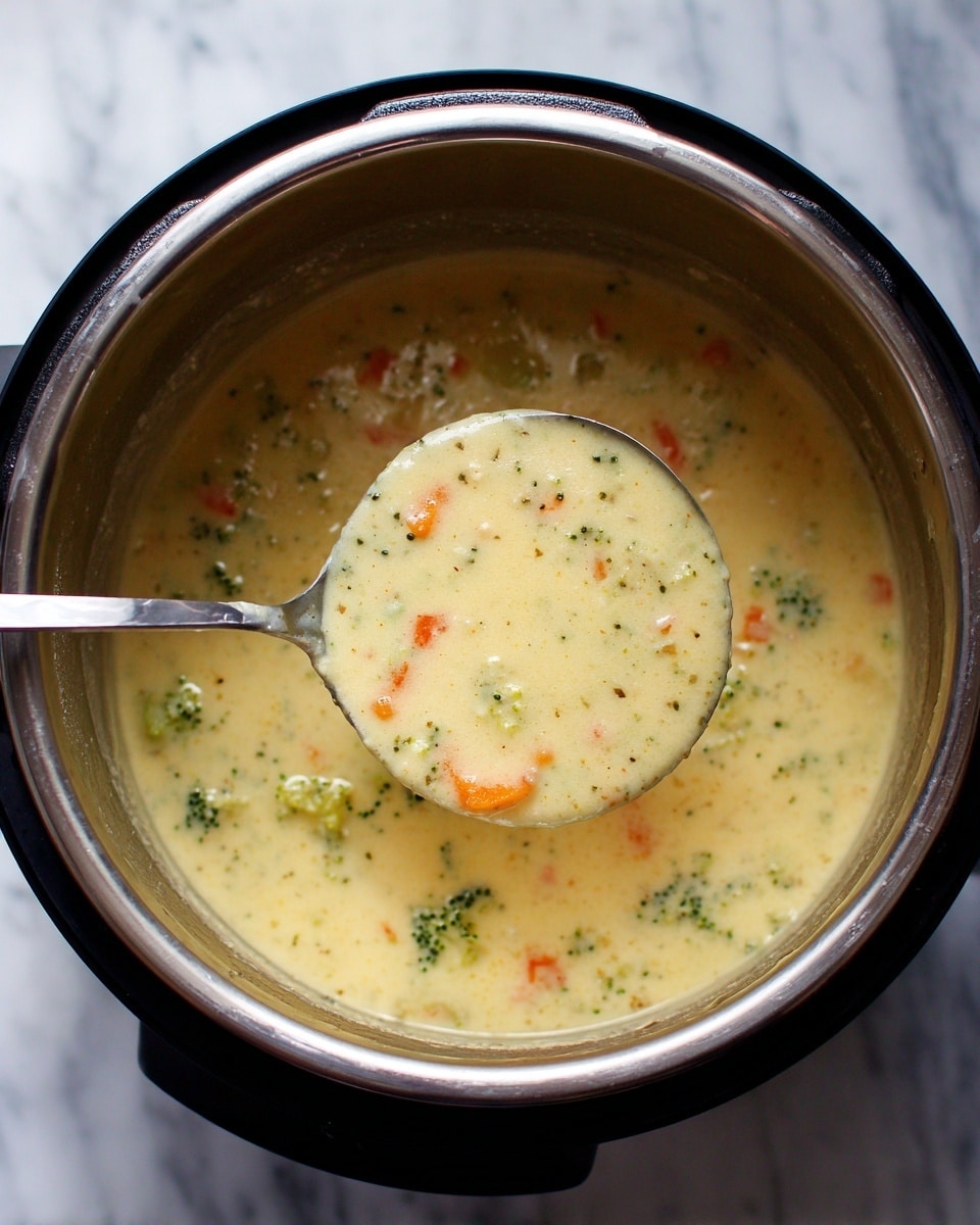 A ladle is lifting thick creamy soup from a round stainless steel pot inside a black electric cooker. The soup is light yellow with visible small green broccoli pieces and orange carrot bits evenly mixed in. The soup looks smooth and rich with some small vegetable chunks floating throughout. The pot sits on a white marbled surface. photo taken with an iphone --ar 4:5 --v 7