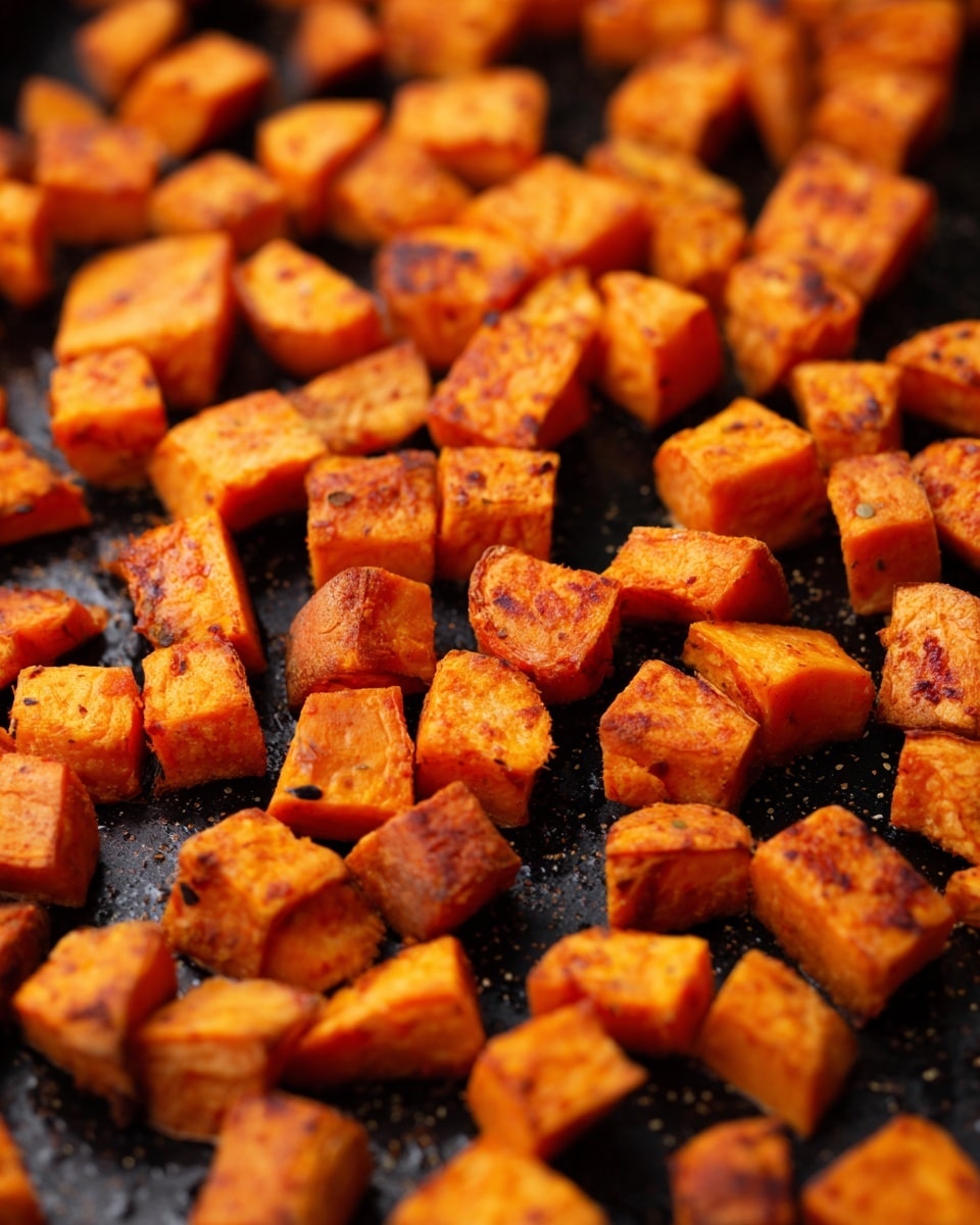 The image shows many small cubes of roasted sweet potatoes spread evenly on a black baking sheet. The sweet potato pieces have a warm orange color with a slightly crispy, textured surface and some darker browned spots from roasting. The cubes vary in size but are mostly uniform, and the black baking sheet under them has a speckled pattern with a matte finish. The scene appears close-up with no other items visible. Photo taken with an iphone --ar 4:5 --v 7