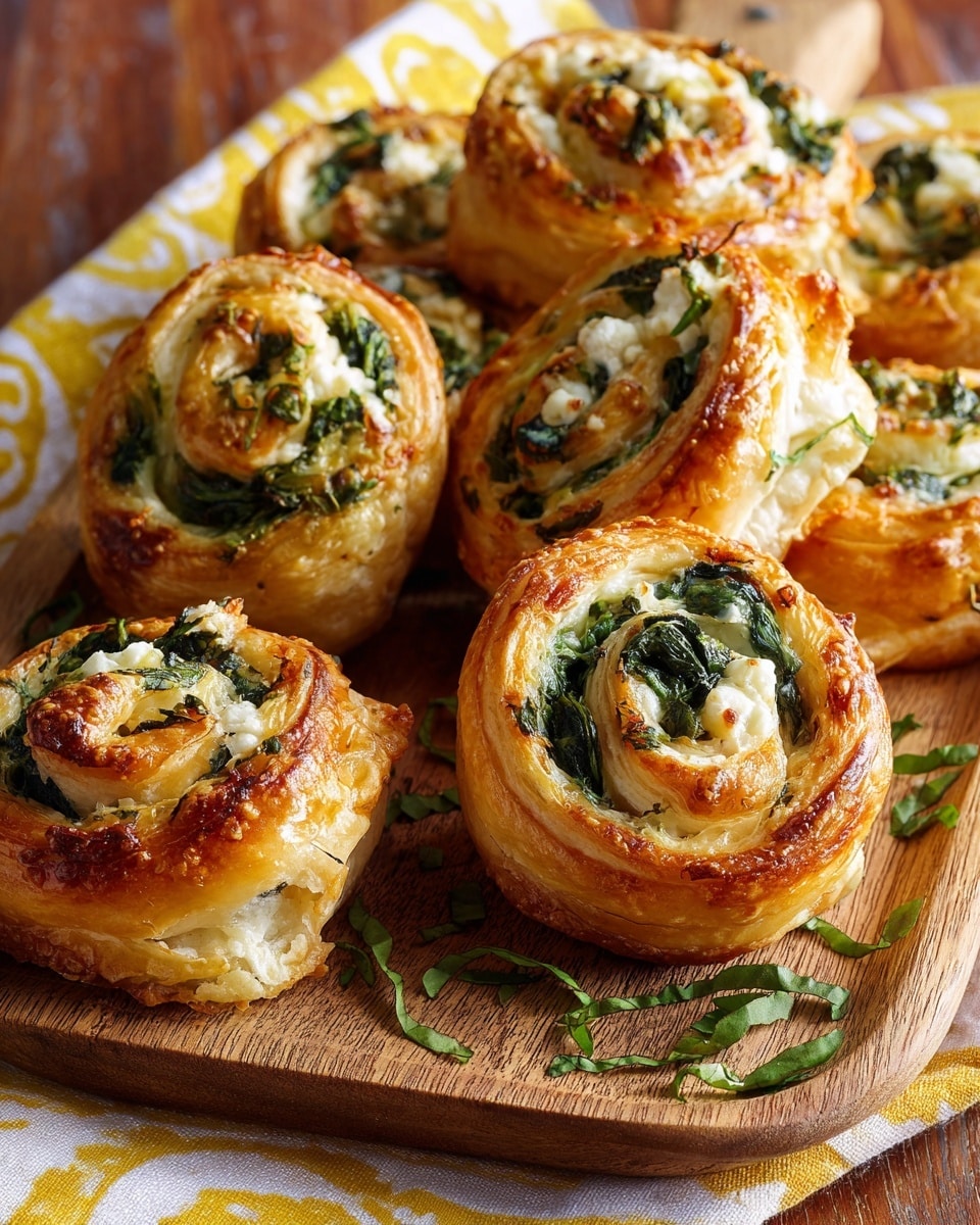 The image shows eight golden-brown puff pastry rolls arranged on a wooden board with scattered green herb strips around them. Each roll has multiple visible layers of flaky pastry spiraled upward, with darker green spinach pieces and creamy white cheese filled in the center, some browned slightly on top from baking. The texture of the pastry looks crisp and flaky, with the herbs adding a fresh touch. The background includes a yellow and white patterned cloth, creating a warm, cozy look. photo taken with an iphone --ar 4:5 --v 7