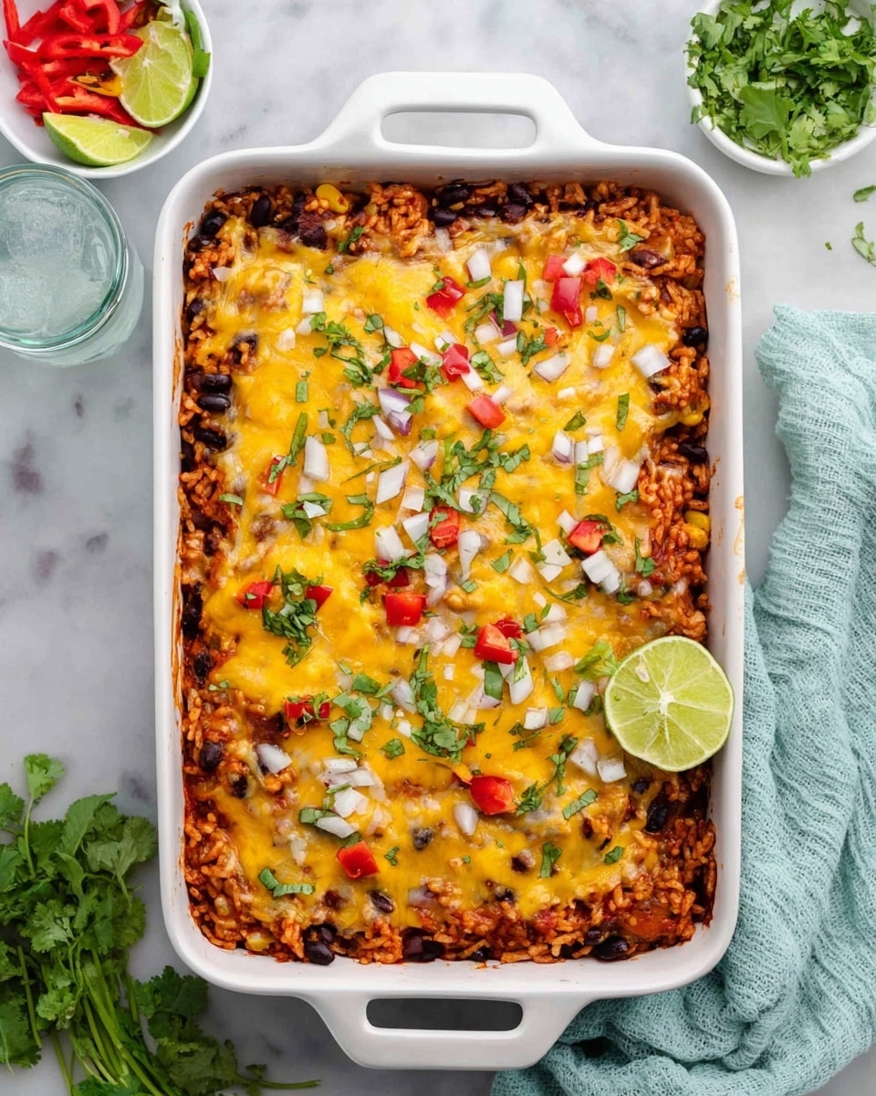 A close-up view of one scoop of cheesy rice and bean casserole lifted from a white rectangular baking dish. The scoop shows a mix of orange-red rice, dark black beans, small pieces of red and green bell peppers, and melted golden yellow cheese on top. Scattered white onion pieces and green cilantro leaves add color contrast. The casserole in the dish below looks creamy with a melted cheese layer and colorful vegetable bits. The background has a blurred green leafy plant, and the surface is a white marbled texture. photo taken with an iphone --ar 4:5 --v 7