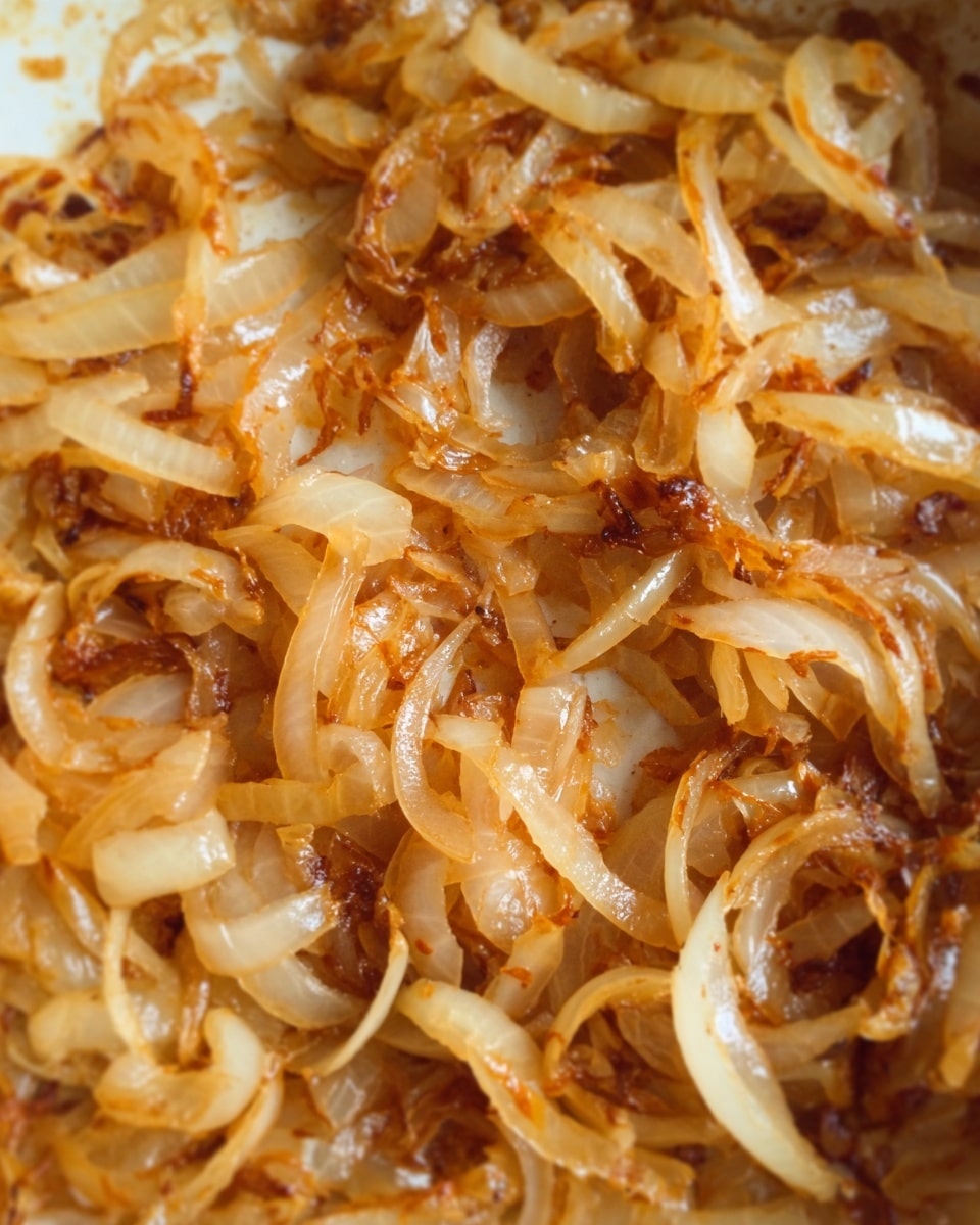 The image shows a close-up of cooked onions that are golden brown and soft, with some parts having a slightly darker roasted color. The onions are thinly sliced, overlapping and spread evenly across the frame, with a shiny, slightly oily texture. The background is a white marbled surface. photo taken with an iphone --ar 4:5 --v 7