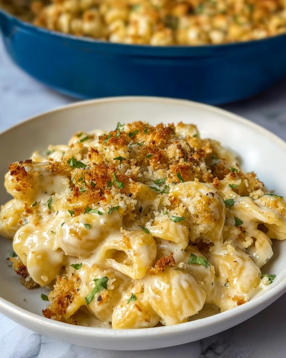 The dish shows creamy macaroni pasta with a thick layer of melted cheese sauce covering every piece of pasta shells, giving them a smooth, shiny, pale yellow look. Small green herb pieces are sprinkled all over the top, adding a fresh touch. On top and around the edges, there is a crunchy golden-brown breadcrumb layer, adding texture. The food is served in a white bowl on a white marbled surface, with part of a blue pan full of more macaroni visible in the background. Photo taken with an iphone --ar 4:5 --v 7