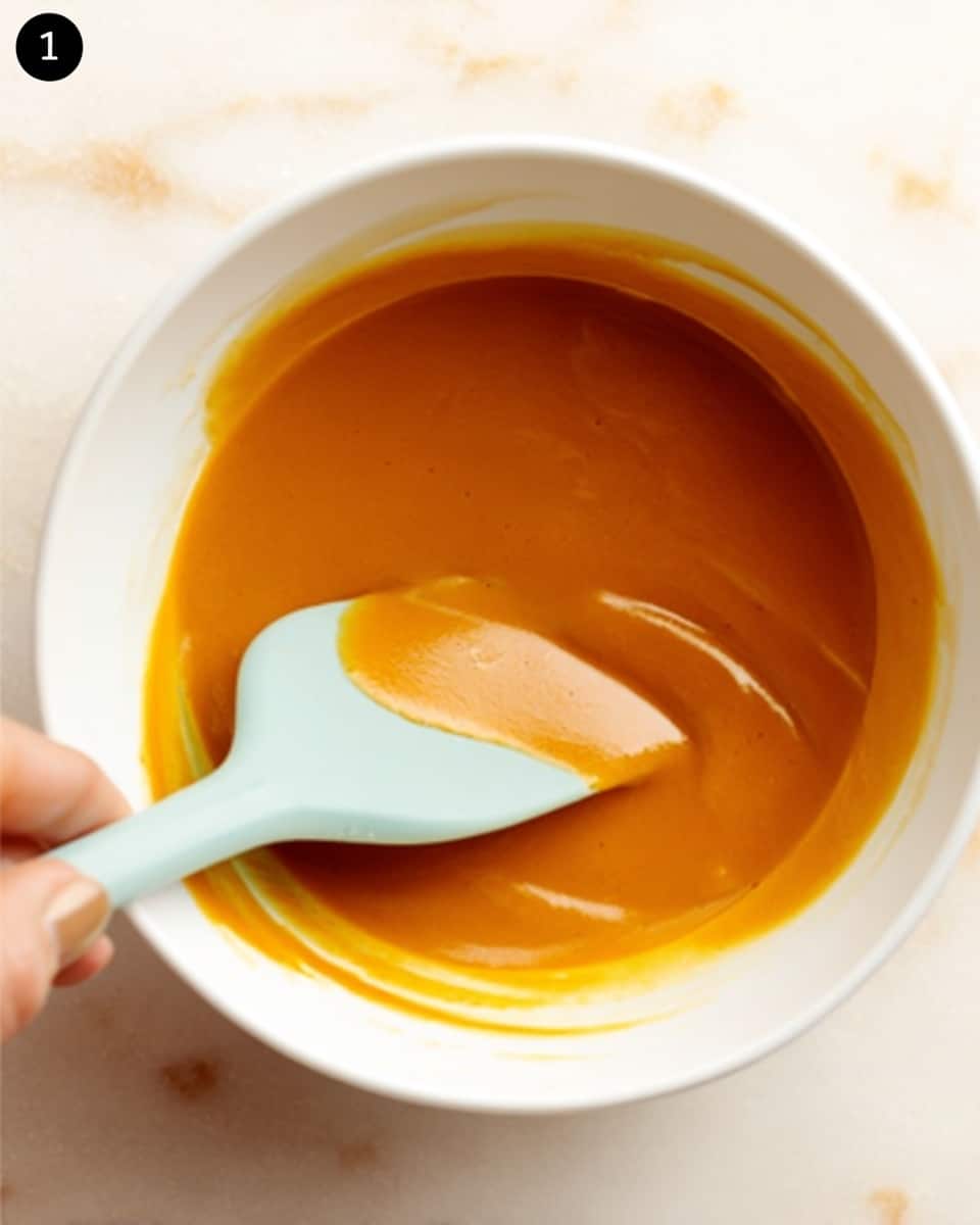 The image shows a white bowl containing a smooth, thick orange sauce with a soft, creamy texture. Inside the bowl, a light blue spatula is partially dipped into the sauce, held by a woman's hand visible on the left side. The sauce looks rich and glossy with even color throughout. The bowl sits on a white marbled surface, creating a clean and bright background. photo taken with an iphone --ar 4:5 --v 7