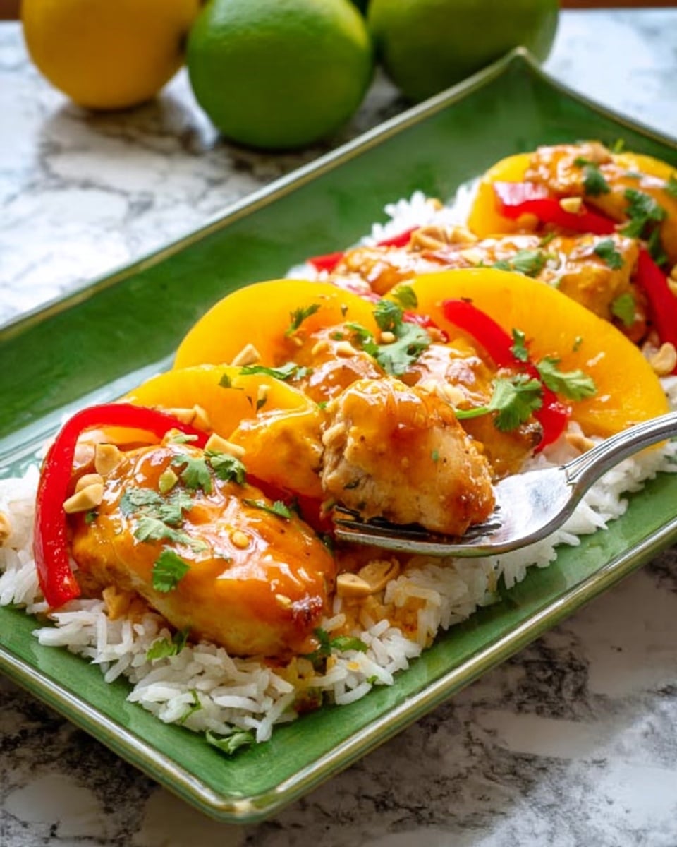 The image shows a green rectangular plate filled with three main layers: a base layer of white fluffy rice spread evenly at the top edge, a middle layer of bright yellow peach slices and thin red bell pepper strips scattered over the rice, and three pieces of glazed chicken sitting on the bottom half of the plate. The chicken pieces are covered with a shiny orange sauce and sprinkled with chopped nuts and green cilantro leaves for garnish. A silver fork is holding a piece of chicken on the right side. The plate is set on a white marbled table with yellow and green limes blurred in the background. Photo taken with an iphone --ar 4:5 --v 7