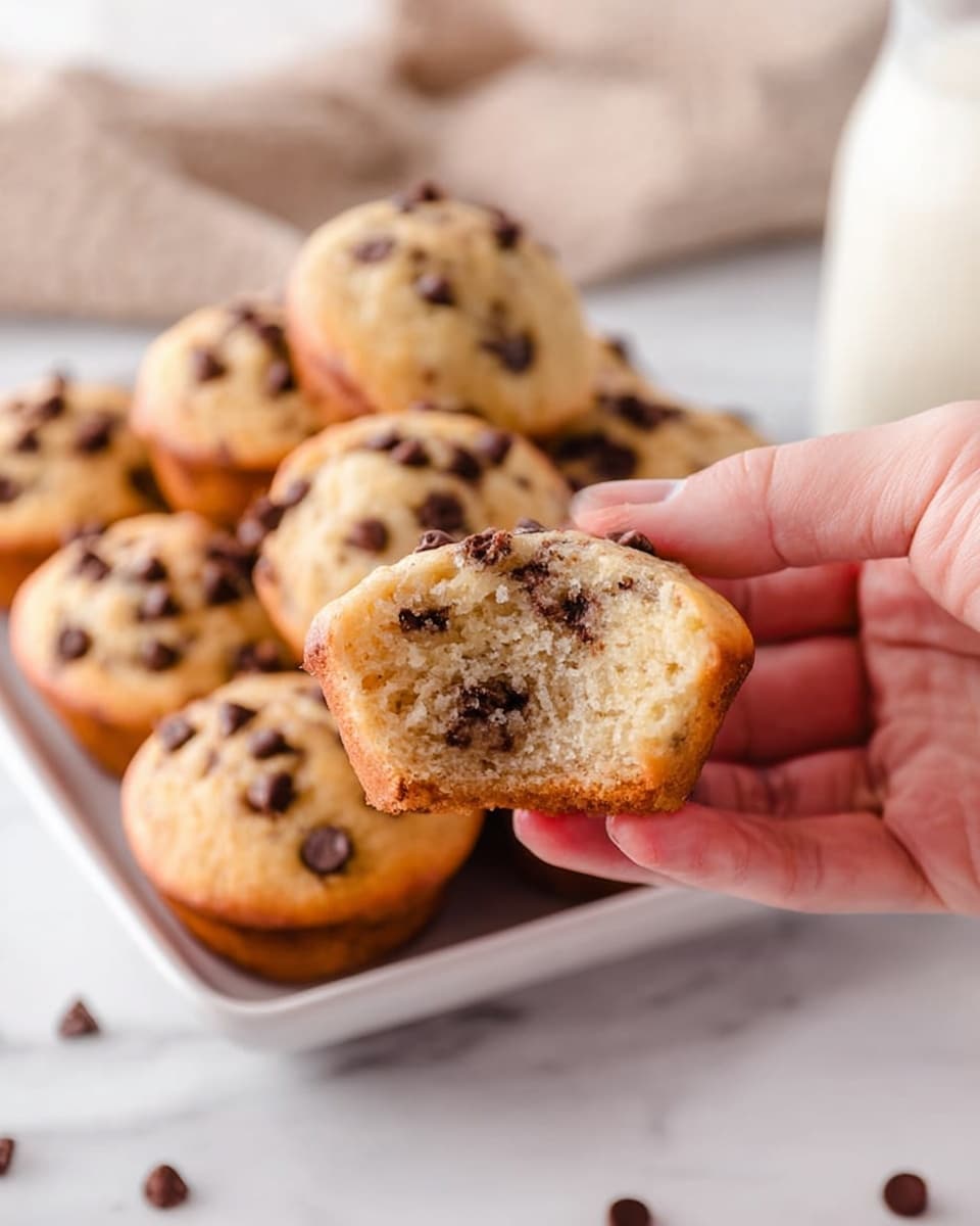 A woman's hand holds a small muffin with a bite taken out of it, showing a soft, light beige inside filled with dark brown chocolate chips. In the background, there is a white rectangular plate filled with similar small muffins, all golden brown with scattered chocolate chips on top. The surface beneath everything is white marbled, and there is a blurred glass of milk in the back along with a beige cloth for a cozy feel. photo taken with an iphone --ar 4:5 --v 7
