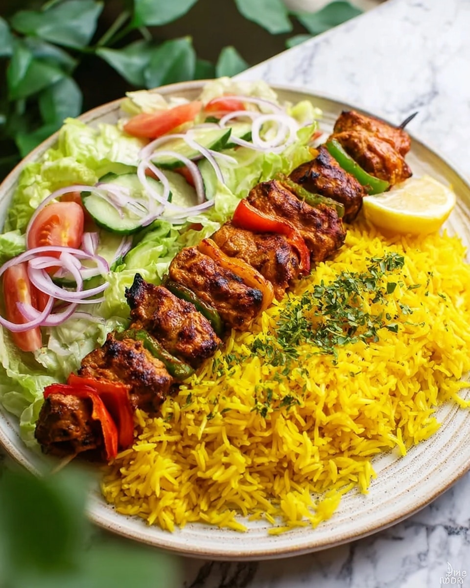 On a round white plate placed on a white marbled surface, there is a large serving with three main layers. The bottom layer covers half of the plate with bright yellow rice that looks fluffy and separate. On top of the rice, there is a long skewer of brown grilled meat pieces interspersed with slices of red bell pepper and green bell pepper, sprinkled with small green herb bits. Next to the skewer, on the other half of the plate, there is a fresh salad made with light green lettuce, thin pale green cucumber slices, tomato chunks, and thin rings of red onion. At the very top edge of the plate, there is a wedge of lemon adding a pop of yellow. The photo looks fresh and natural, taken with a woman’s hand holding the plate from the side, with a background of green leaves in soft focus. Photo taken with an iphone --ar 4:5 --v 7