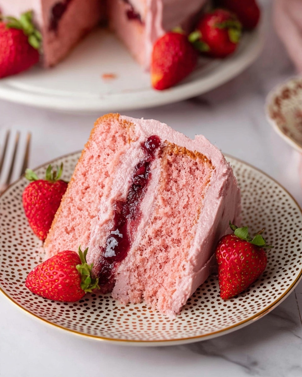 A slice of two-layer pink cake with a soft, spongy texture is placed on a round white plate with a dotted brown pattern. Each cake layer is separated by a smooth pink frosting with a thick line of dark red strawberry jam in the middle. Around the base of the slice on the plate, there are fresh strawberries, one seen halved showing its red inside with green tops. In the background, on a white plate with a gold-rimmed edge, another larger slice of the same cake is visible with more strawberries beside it, all placed on a white marbled surface. photo taken with an iphone --ar 4:5 --v 7