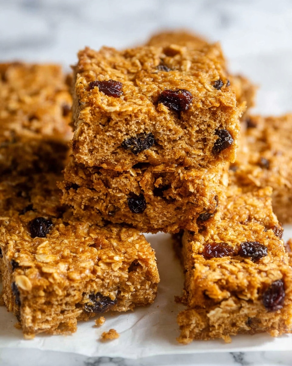The image shows several square-shaped oatmeal bars stacked closely together on white parchment paper. Each bar has a rough, crumbly texture with visible oats and scattered dark raisins embedded throughout. The bars have a golden-brown color, indicating they are baked, with some surface cracks that add a rugged detail. The background is a white marbled texture that contrasts softly with the warm tones of the oatmeal bars. photo taken with an iphone --ar 4:5 --v 7
