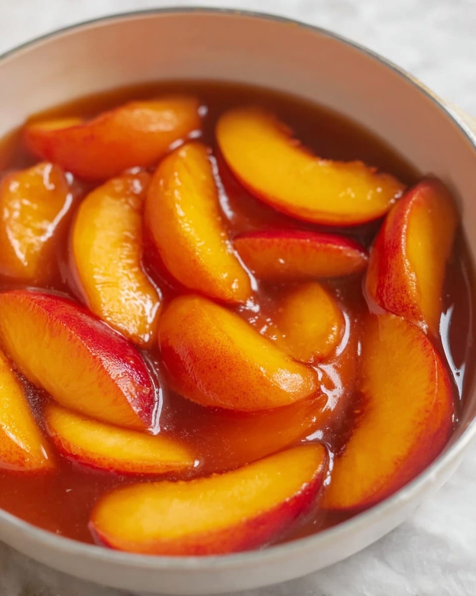 The image shows a close-up of a white bowl filled with about two layers of peach slices in a thick amber-colored syrup. The peach slices have a bright orange-yellow flesh with red skin edges, glistening under the light. The syrup covers and surrounds the peach pieces evenly, giving a glossy texture and a warm look. The bowl is on a white marbled surface, and the peach slices are arranged in an overlapping pattern inside the bowl. photo taken with an iphone --ar 4:5 --v 7