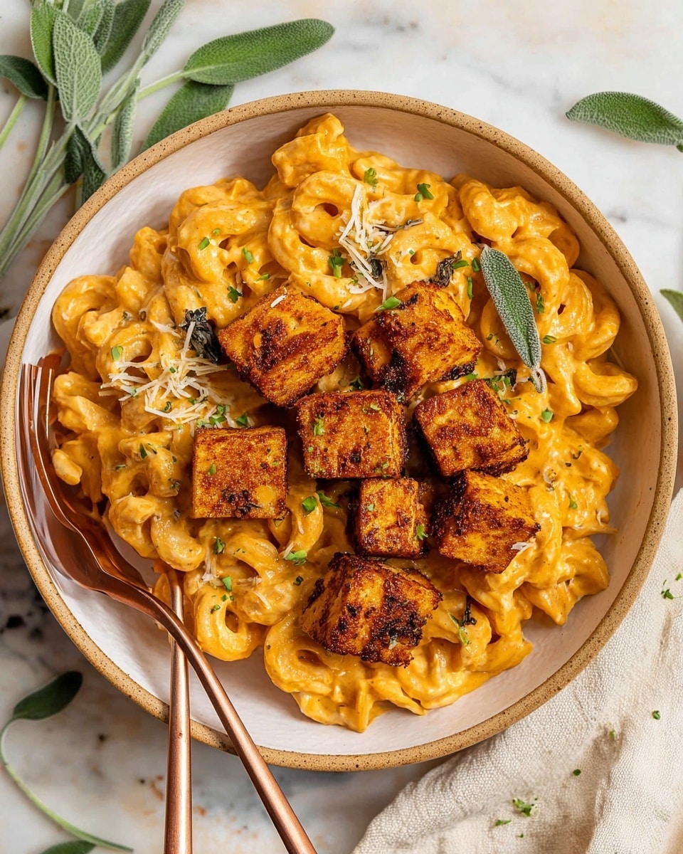 A white bowl filled with thick orange pasta coated in creamy sauce, topped with seven crispy golden-brown tofu cubes with a crunchy texture. Green herb leaves and small shredded cheese pieces are scattered across the pasta layers, adding contrast. A copper fork is placed inside the bowl on the left side, resting in the pasta. The bowl sits on a white marbled surface with a light cloth towel and green leaves nearby. Photo taken with an iphone --ar 4:5 --v 7