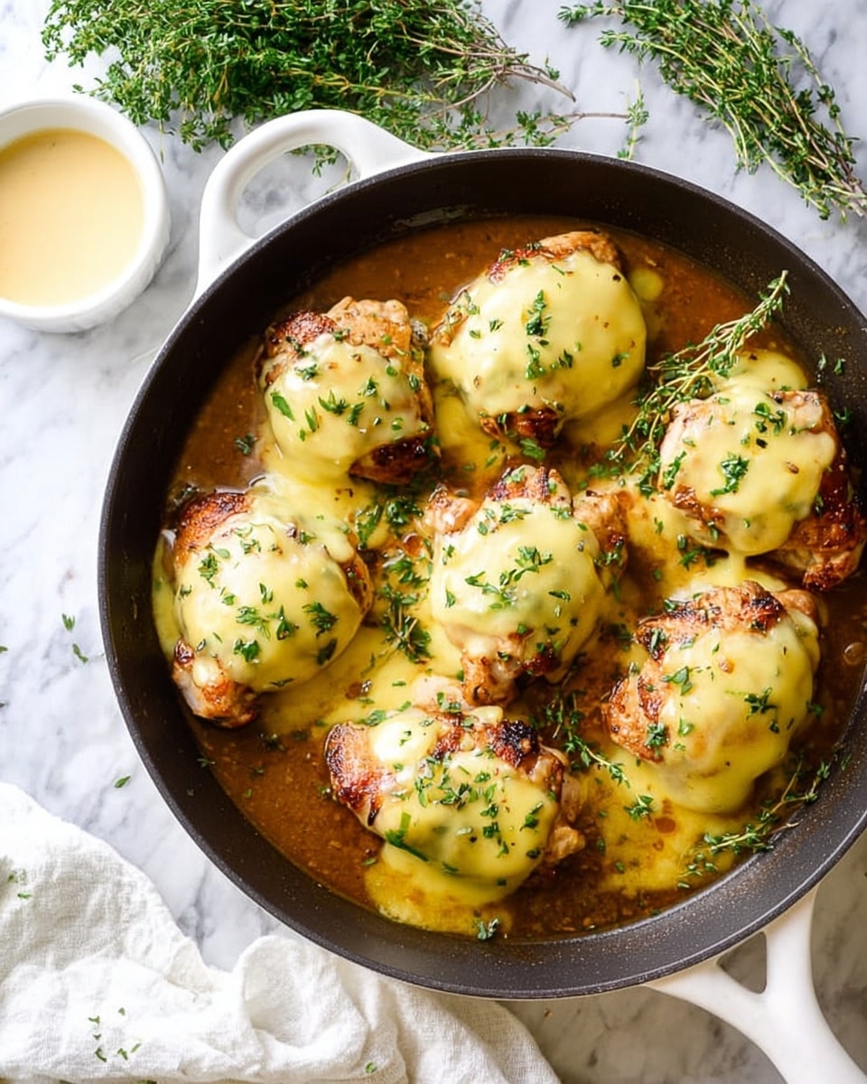 A close-up of a black pan filled with seven pieces of cooked chicken thighs, each topped with a thick layer of melted golden-yellow cheese that is slightly bubbling and browned at the edges. The chicken pieces are browned with a crispy texture visible under the cheese. The pan is filled with a rich brown sauce with visible bits of herbs and caramelized onions. Small green herb leaves are scattered over the chicken, adding a fresh touch. The pan sits on a white marbled surface. Photo taken with an iphone --ar 4:5 --v 7