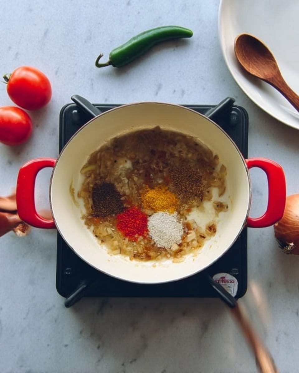 A top-down view of a white pot with red handles sitting on a black stove burner, containing a mixture of cooked onions in light brown color with four kinds of spices on top: a small pile of dark brown, a small pile of yellow, a small pile of bright red, and some fine granules of white salt. Around the pot on the white marbled surface are a green chili, a brown onion, and three small red tomatoes. To the right of the stove is a white plate with a wooden spoon resting on it, and a woman's hand is holding the spoon. photo taken with an iphone --ar 4:5 --v 7