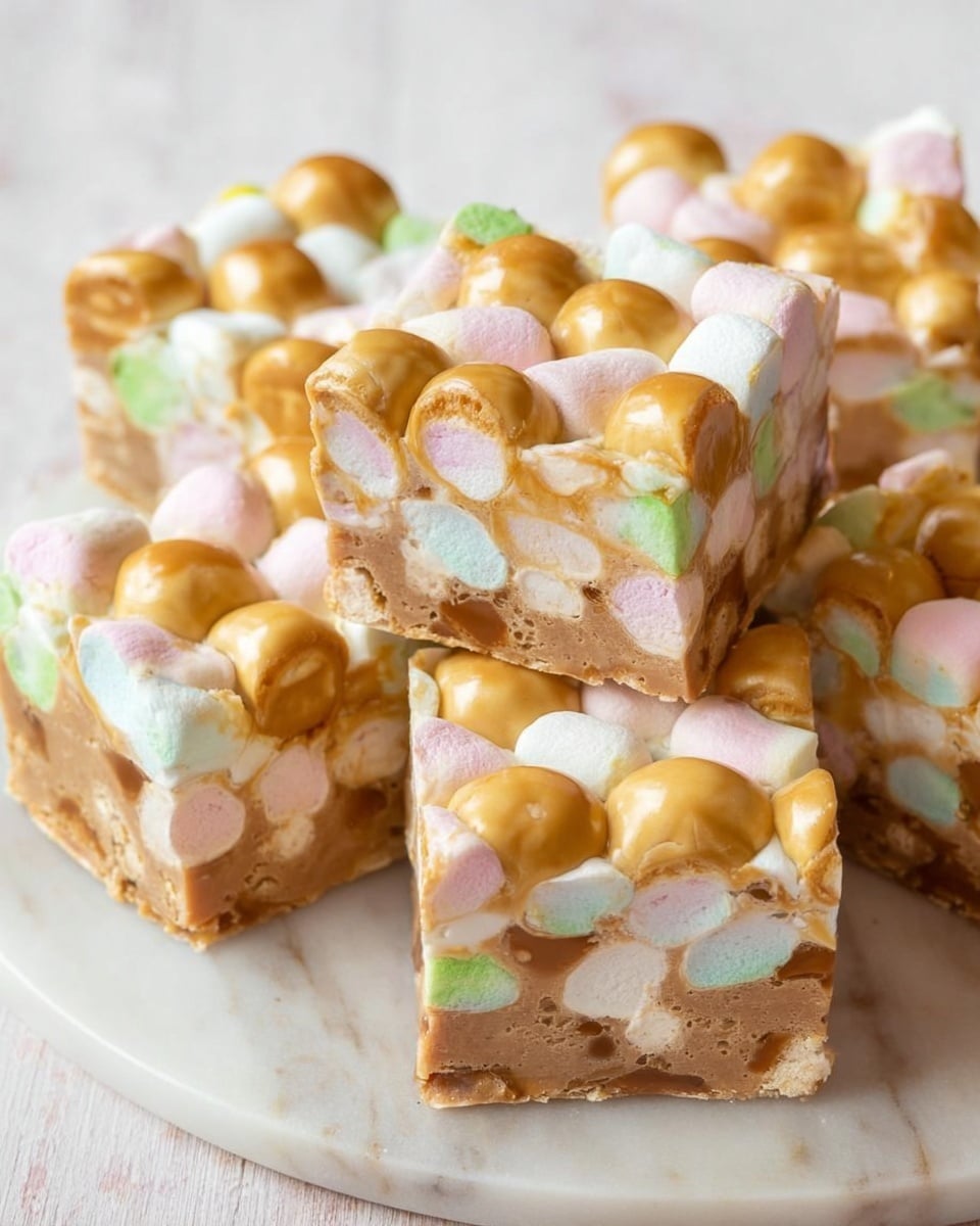 The image shows several square pieces of a dessert arranged closely on a white plate with a white marbled background. Each piece has two visible layers: the bottom layer is light brown with a smooth, dense texture mixed with small pastel-colored bits, while the top layer has golden caramel-coated rounded shapes with soft pastel marshmallows in pink, yellow, and green nestled between them. The pieces look thick and soft, with the caramel layer shiny and smooth. photo taken with an iphone --ar 4:5 --v 7