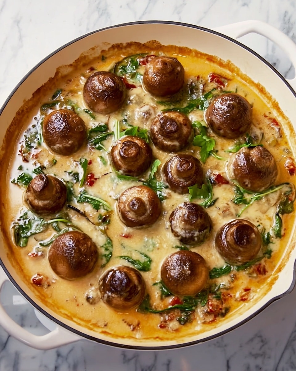 A white cast iron skillet filled with a creamy sauce base that is light orange in color, with whole brown mushrooms placed evenly on top. The sauce has a smooth texture with green leafy bits and small red pieces scattered throughout, creating a colorful contrast. The skillet sits on a white marbled surface with a few scattered cherry tomatoes nearby, adding a fresh look. The edges of the skillet show some sauce residue, giving a sense of cooking in progress. photo taken with an iphone --ar 4:5 --v 7