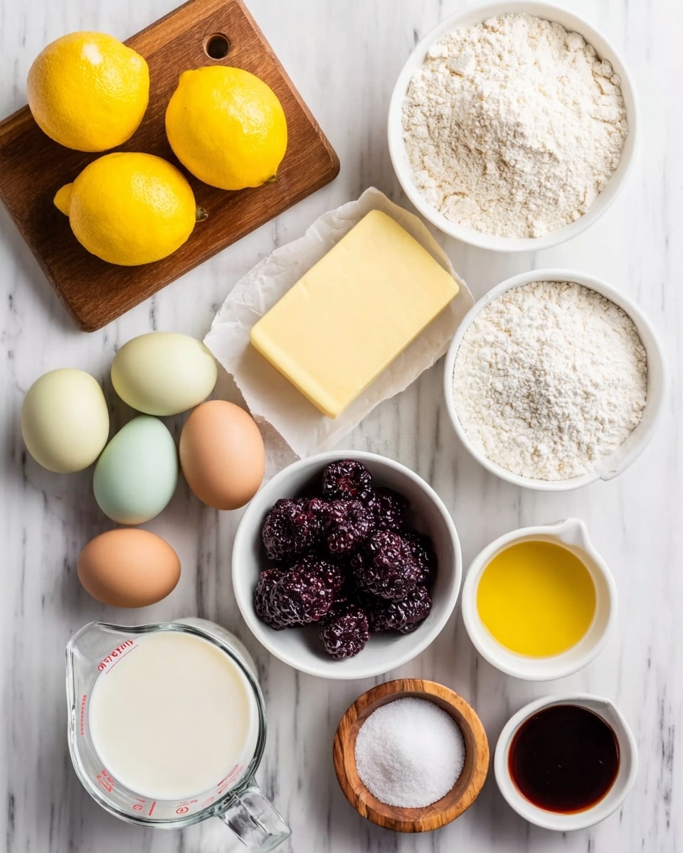 A top-down view of ingredients neatly arranged on a white marbled surface, featuring a small wooden board with three bright yellow lemons in the top left, next to a cluster of four multicolored eggs (beige, light green, light orange, and brown); below the eggs is a rectangular slab of pale yellow butter on white paper. Two white bowls of flour sit in the top right and bottom right corners, while a white bowl filled with dark purple frozen blackberries is centered. A small white bowl with golden yellow liquid is near the blackberries on the right side. Three small wooden bowls containing white salt, white powder (baking soda or powder), and another fine white powder are placed near the center bottom. A transparent measuring cup with white milk is at the bottom left, and next to it is a small white bowl with dark brown vanilla extract. A white bowl filled with light brown sugar is near the top center. The overall setting is bright with soft, natural lighting, with no shadows or reflections. photo taken with an iphone --ar 4:5 --v 7