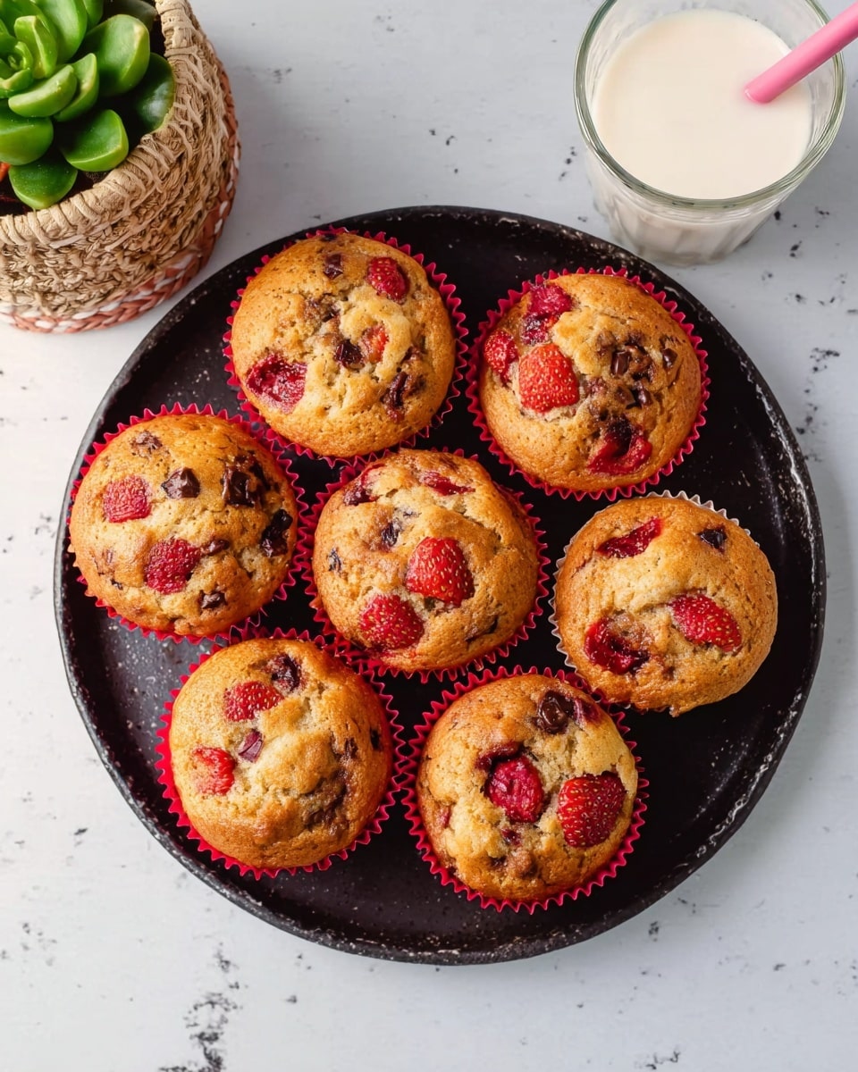 A black round plate holds seven muffins arranged in a circular pattern, each muffin featuring a golden brown top with visible red strawberries and dark chocolate chips embedded throughout. The muffins are in red paper liners and appear soft and moist with a slight shine. The plate sits on a white marbled surface. To the top right, there is a clear glass of milk with a pink straw. On the top left, part of a green succulent plant in a woven beige pot is visible. Photo taken with an iphone --ar 4:5 --v 7